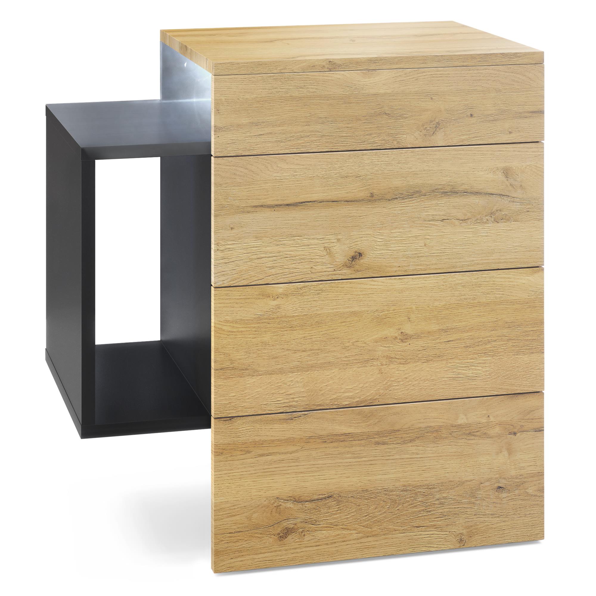 Nachttisch Queens und 1 seitlichem Fach zur Wandmontage Schwarz matt/Eiche Natur inkl. LED-Unterbaustrahler (60 x 63 x 36 cm)