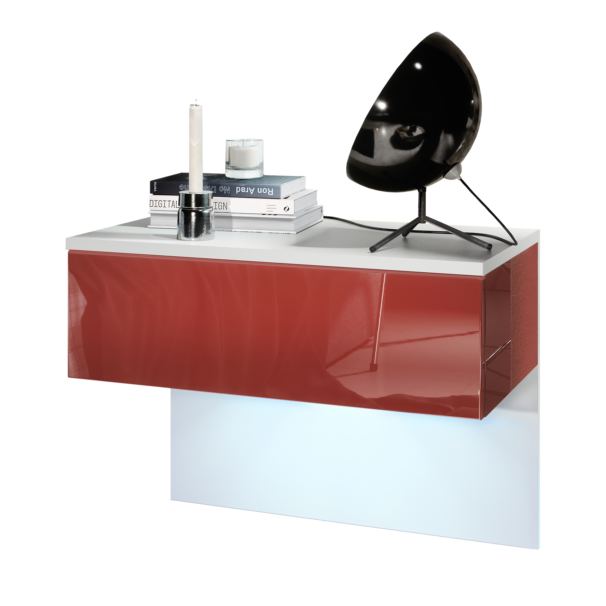 Nachttisch Sleep mit Schublade zur Wandmontage Weiß matt/Bordeaux Hochglanz (60 x 46 x 35 cm)