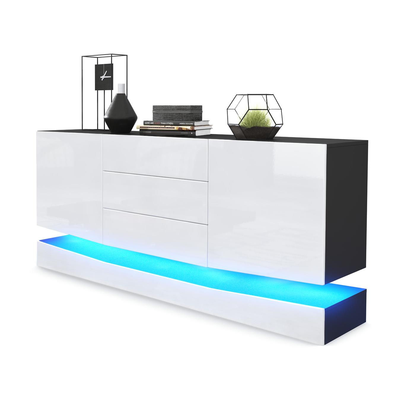 Sideboard City und 3 Schubladen inkl. LED-Beleuchtung,  Schwarz matt/Weiß Hochglanz (178 x 72 x 38 cm)