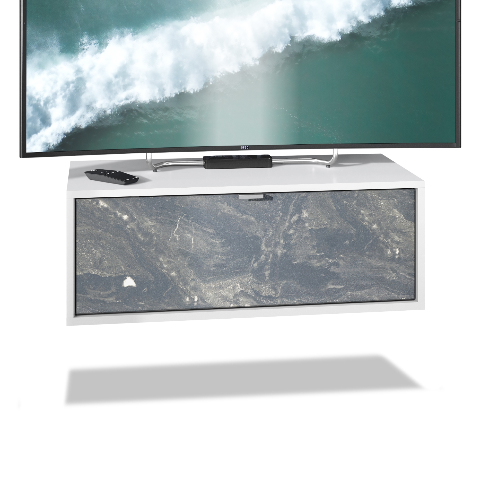 Lowboard Lana 800  mit Klappe Weiß matt/Marmor Graphit (80 x 29 x 37 cm)