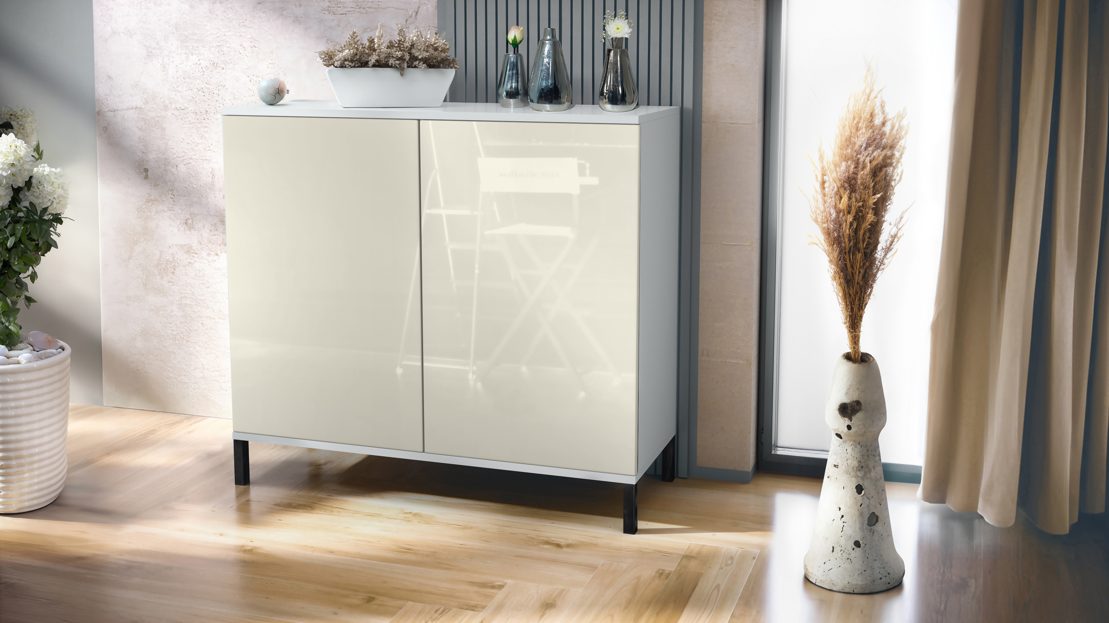 Skadu V3 Kommode Weiß mit 2 großen Türen Weiß matt / Creme Hochglanz (92,5 x 83.5 x 35)