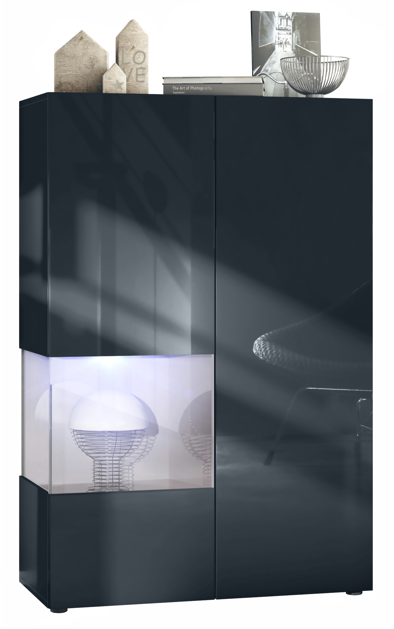 ​Vitrine Morena V2 mit 2 Türen und Glaseinsatz inkl. LED-Beleuchtung Schwarz matt/Schwarz Hochglanz/Sandgrau Hochglanz(91,5 x 136,5 x 37 cm)