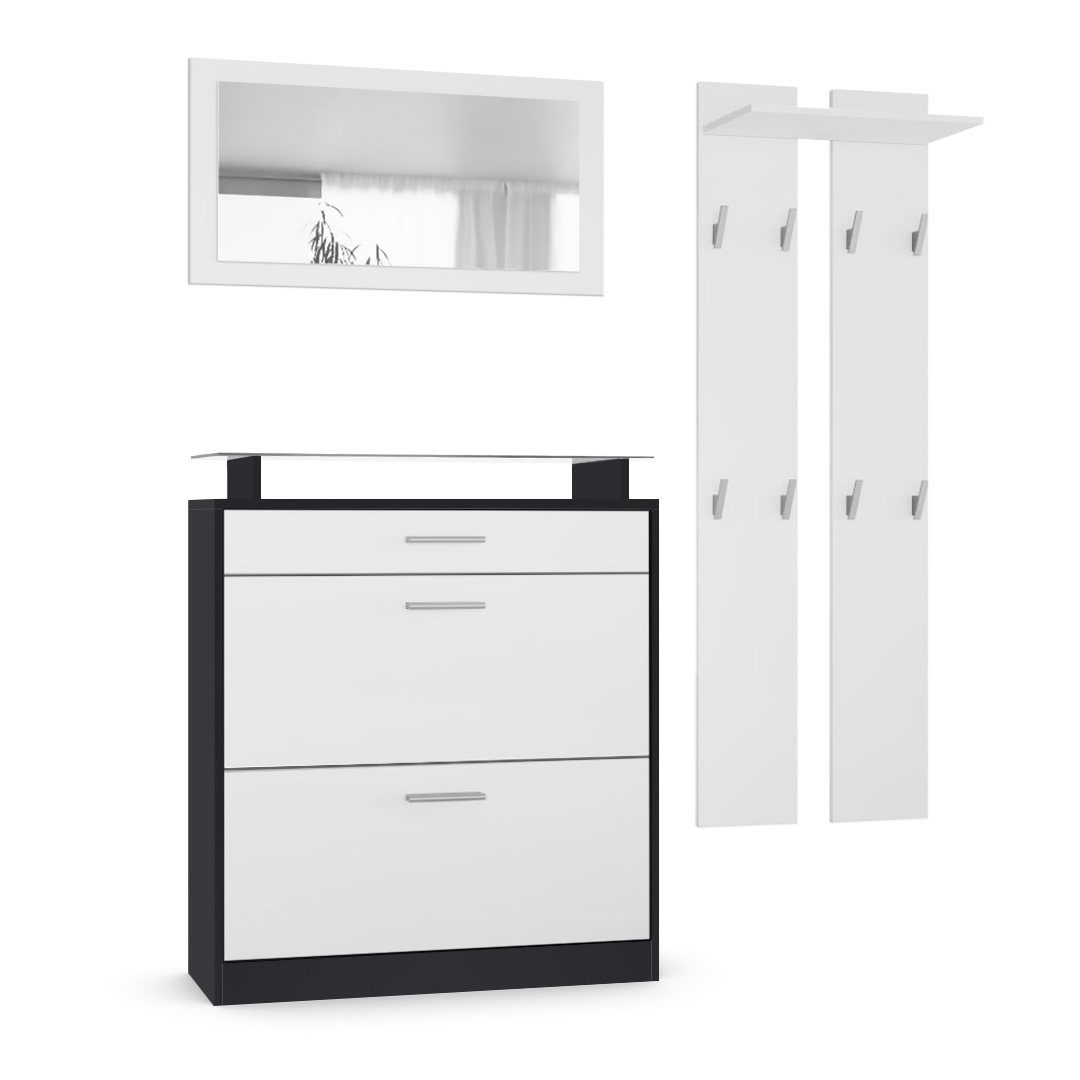 Garderobenset Loret mini 1 Wandspiegel, 2 Garderobenpaneele Schwarz matt/Weiß matt (Schuhschrank 89 x 104 x 23 cm)