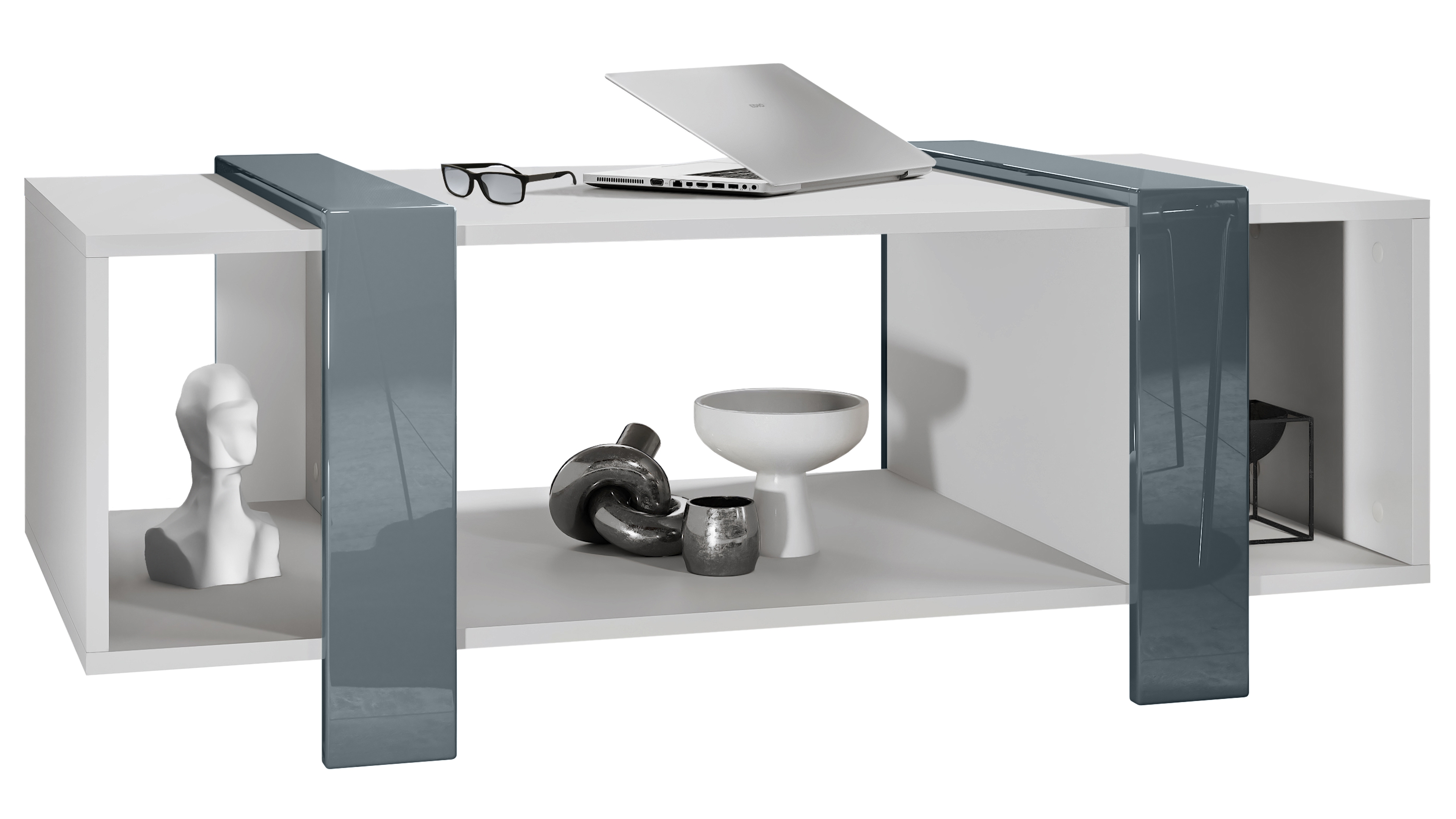 Couchtisch Ida  mit drei Fächern Weiß matt/Grau Hochglanz (110,5 x 42 x 56,5 cm)