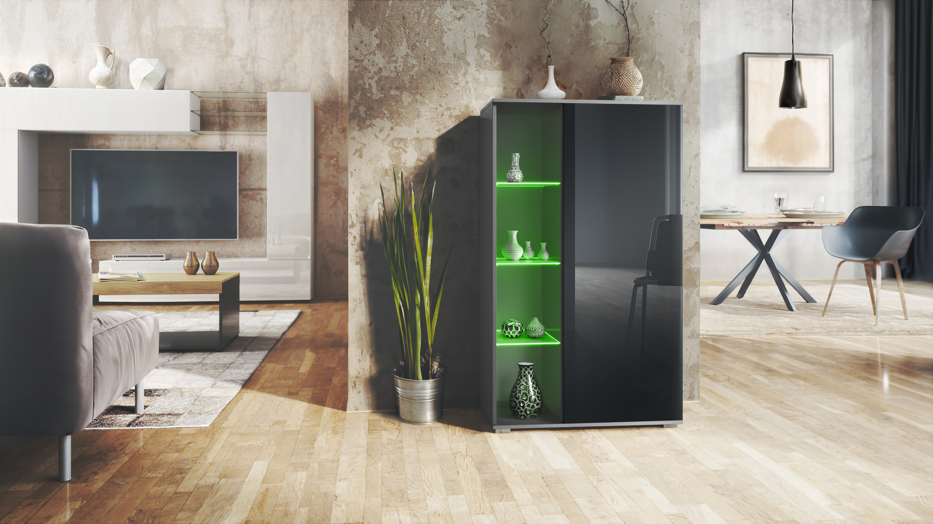 Vitrine Davos mit 3 Glasböden und 8 Fächer inkl. LED Anthrazit matt/Schwarz Hochglanz (71,5 x 134 x 35 cm)