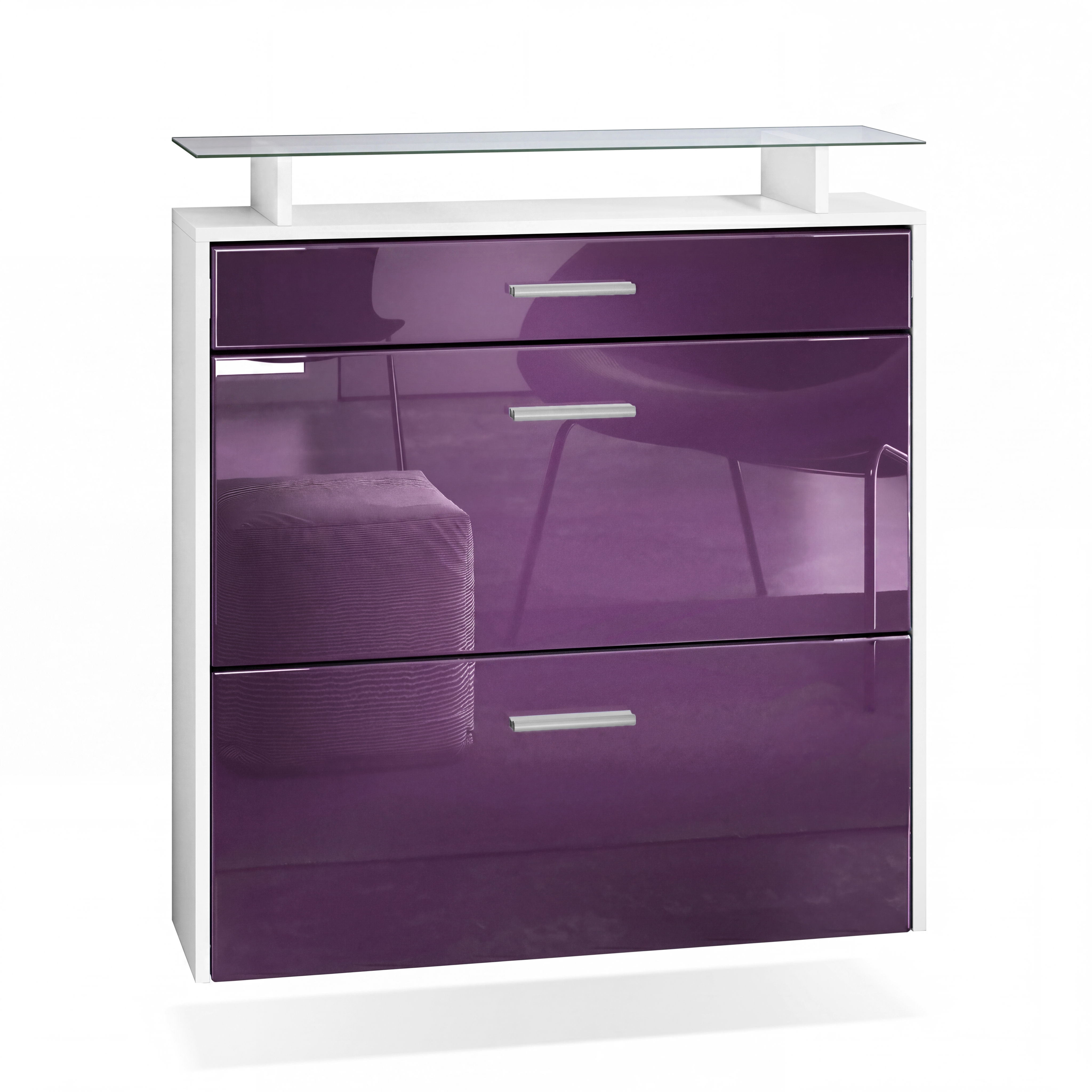 Schuhschrank Malea mit 2 Klappen und 1 Schublade und Glasablage Weiß matt/Brombeer Hochglanz (89 x 96 x 23 cm)