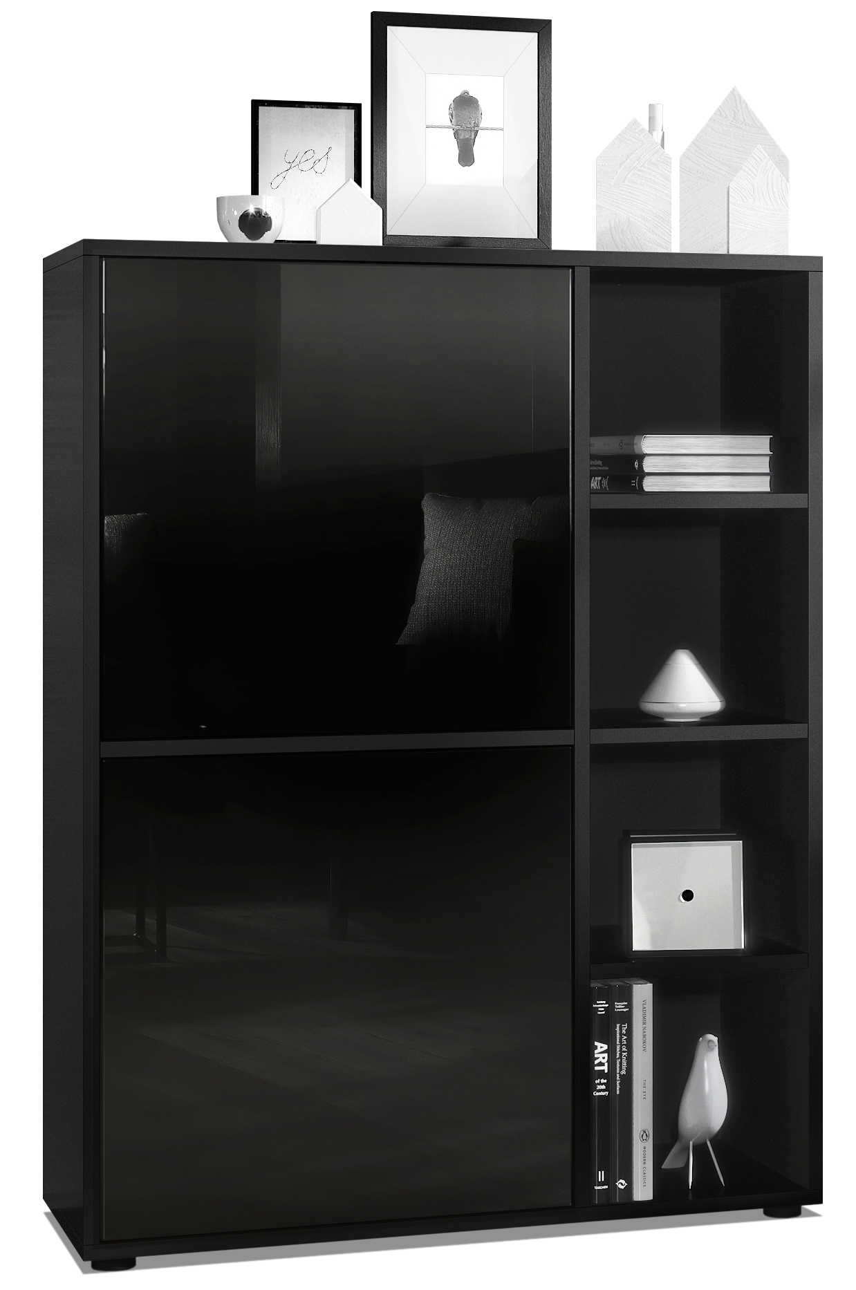 Highboard Cuba  mit 2 Türen und 4 offene Fächer Schwarz matt/Schwarz Hochglanz (79 x 105,5 x 35,5 cm)