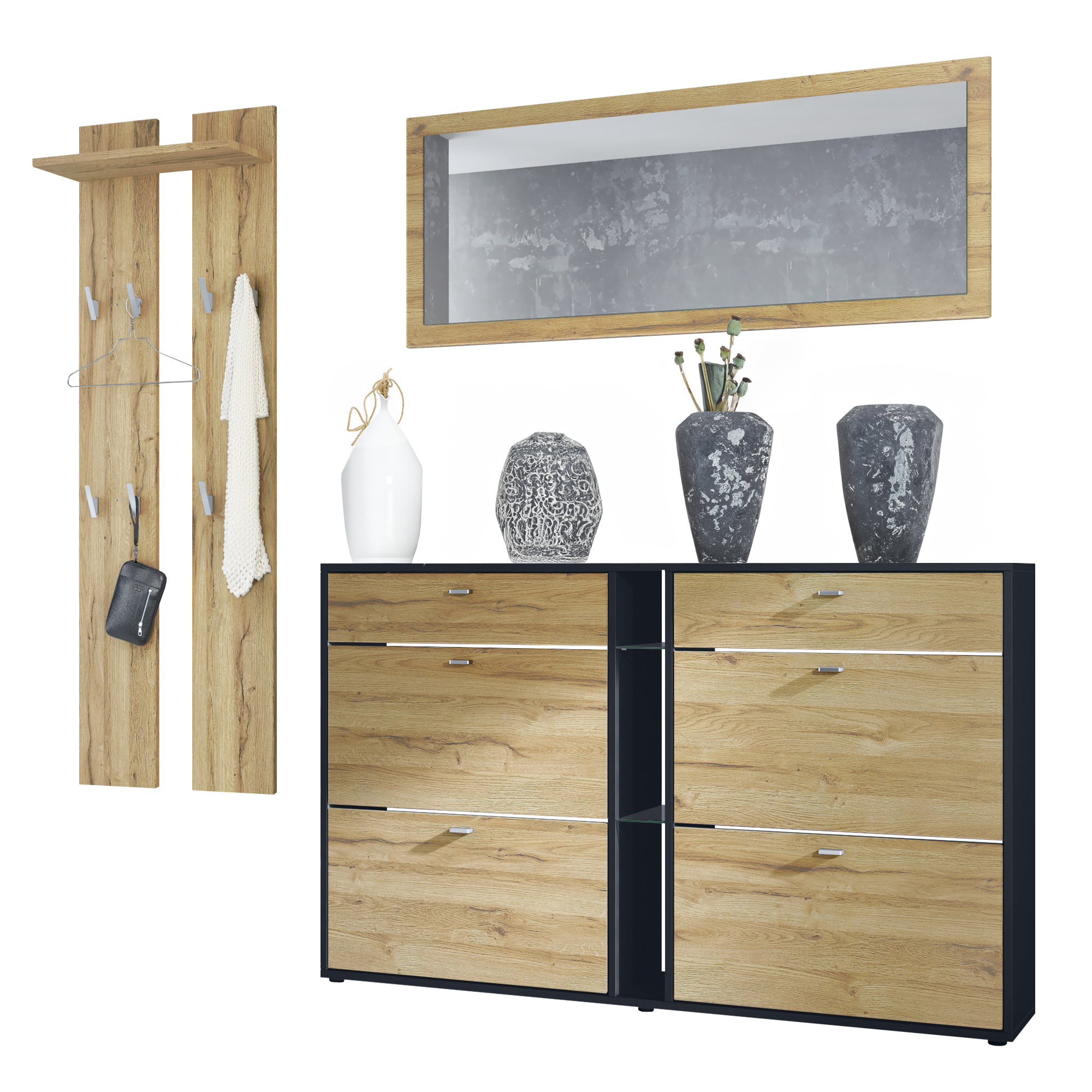 Garderobenset 3-tlg. Orlando mit Schuhschrank, Wandpaneel und Wandspiegel Schwarz matt/Eiche Natur