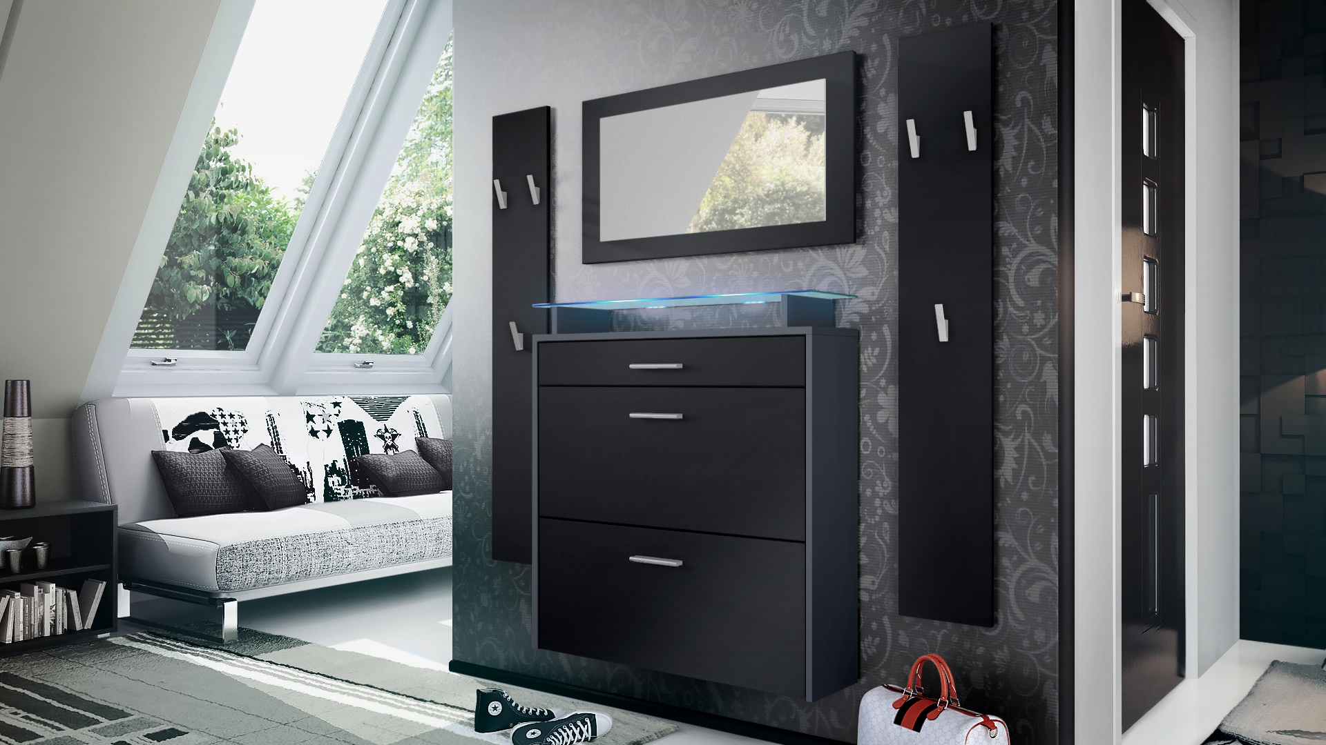 Garderobenset Malea 1 Wandspiegel und 2 Garderobenpaneele Anthrazit matt/Schwarz matt, inkl. LED-Beleuchtung RGB