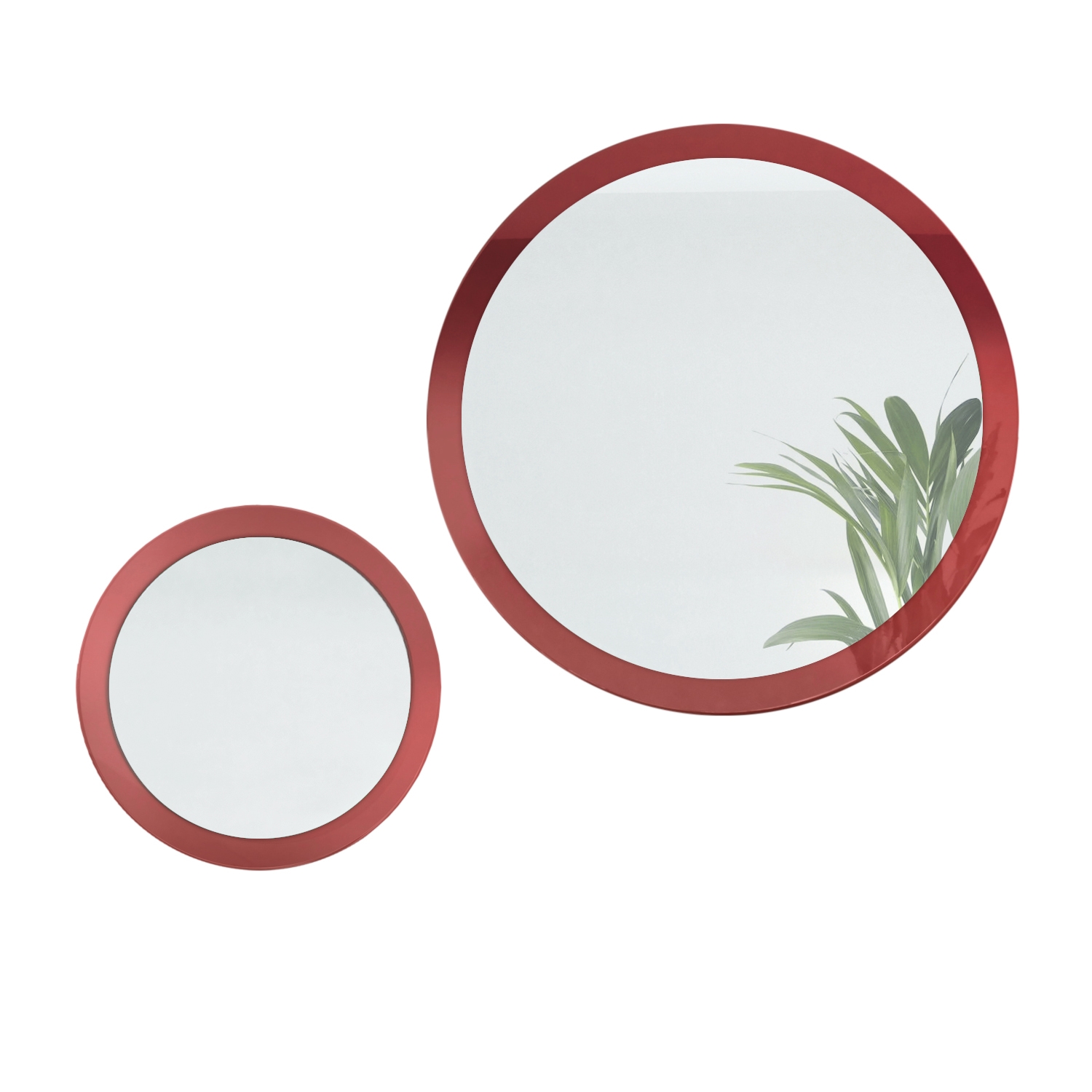 Globe Spiegel 2er-Set (Typ 50+80) für Flur und Wohnzimmer mit MDF-Rahmen in Bordeaux Hochglanz (50 und 80 cm Durchmesser)