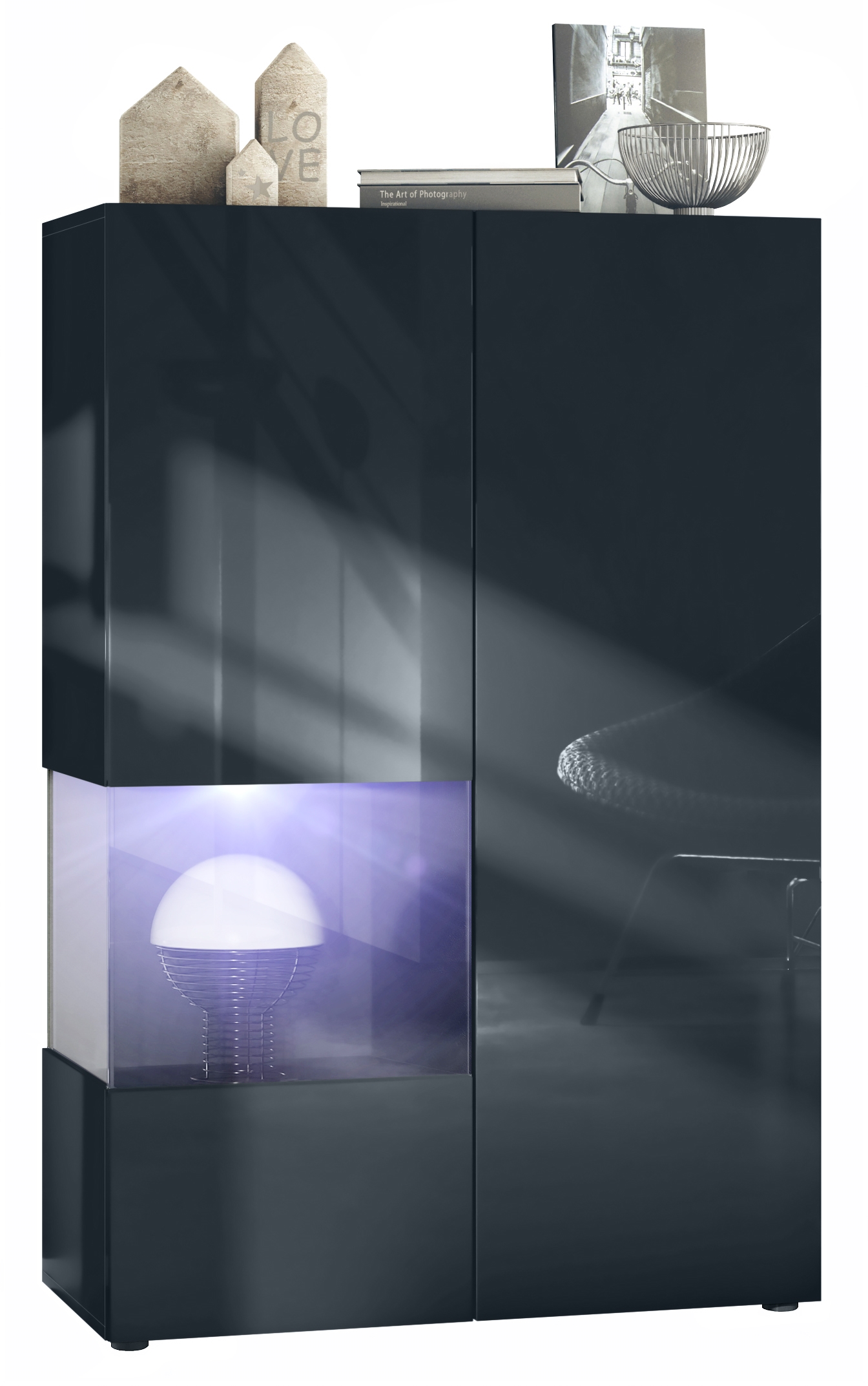 ​Vitrine Morena V2 mit 2 Türen und Glaseinsatz inkl. LED-Beleuchtung Schwarz matt/Schwarz Hochglanz/Schwarz matt(91,5 x 136,5 x 37 cm)