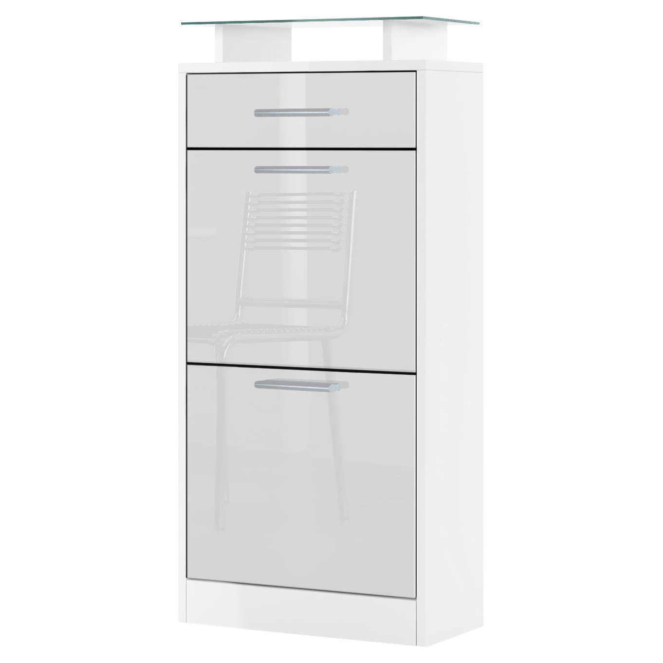 Schuhschrank Loret V2 mit 2 Klappen, 1 Schublade und Glasablage Weiß matt/Weiß Hochglanz (46 x 104 x 23 cm)
