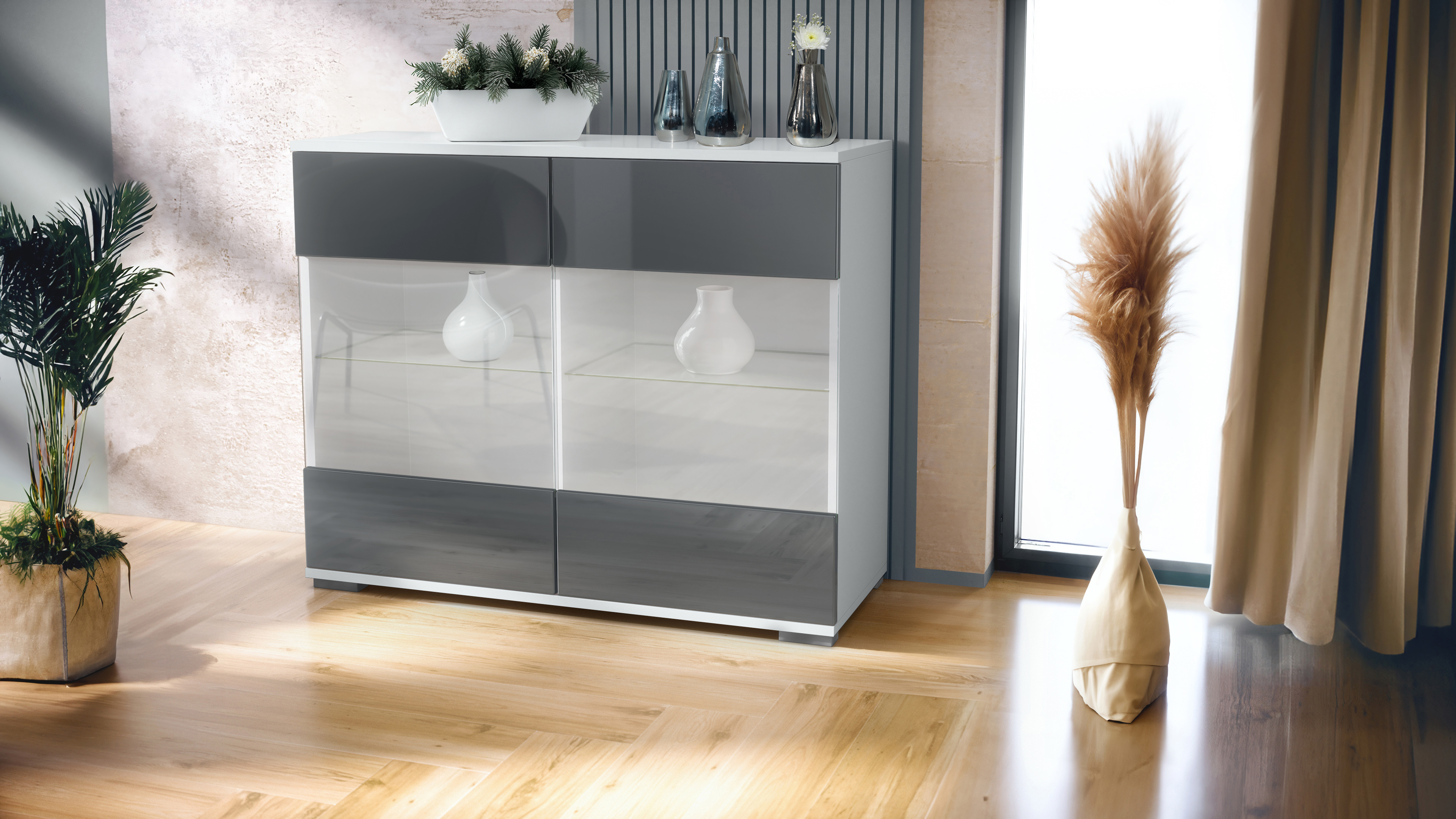 Bari V3 Kommode Weiß mit 2 großen Glastüren Weiß matt / Grau Hochglanz (92,5 x 75.5 x 35)
