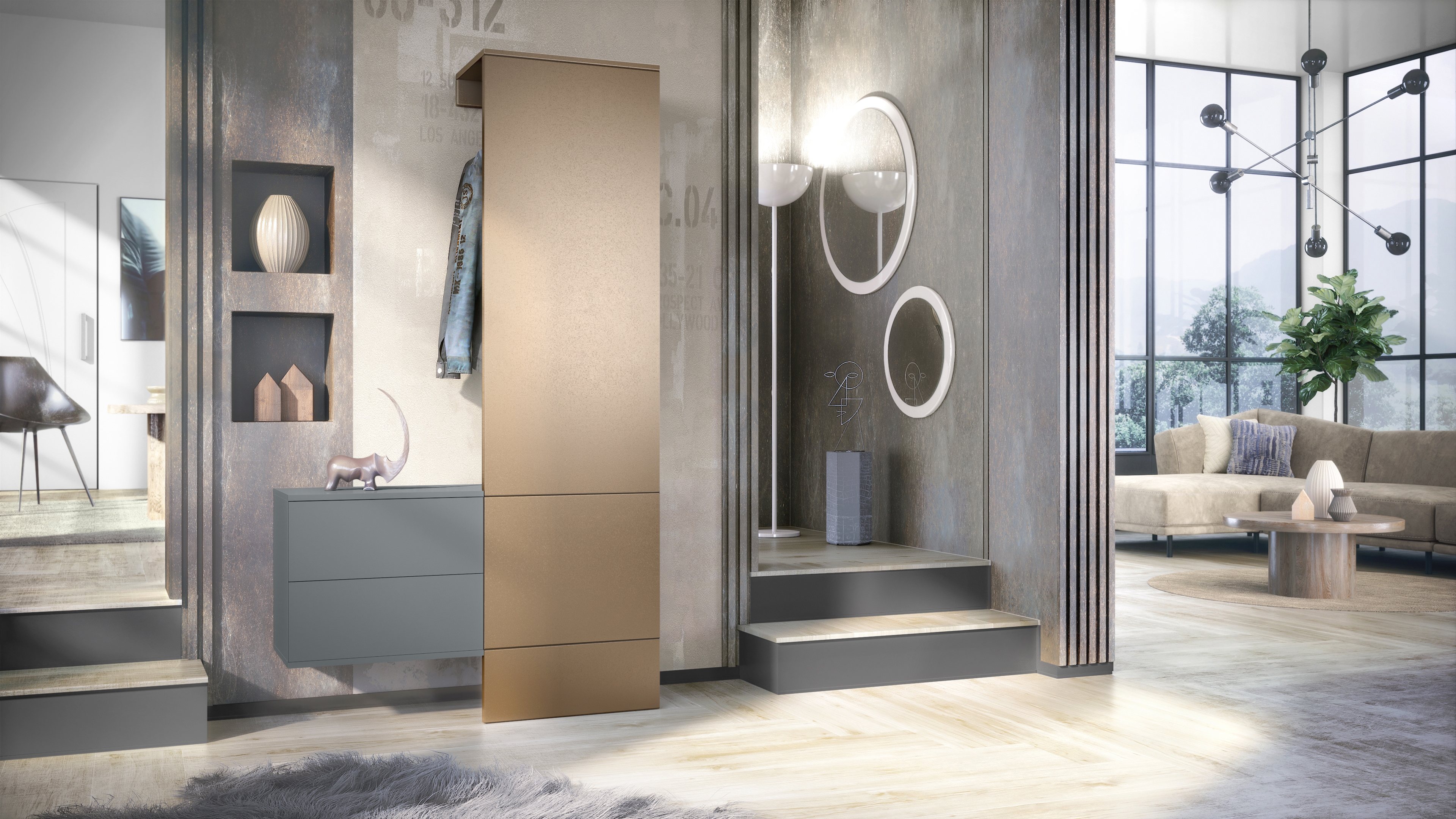 Garderobe Carlton Set 2 Anthrazit 3-tlg. 1 Paneel und 1 Schubkastenschrank Anthrazit matt/Bronze Optik (105 x 193 x 35 cm)