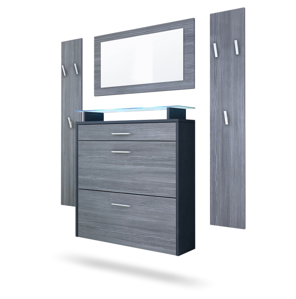Garderobenset Malea 1 Wandspiegel und 2 Garderobenpaneele Anthrazit matt/Avola-Anthrazit, inkl. LED-Beleuchtung blau