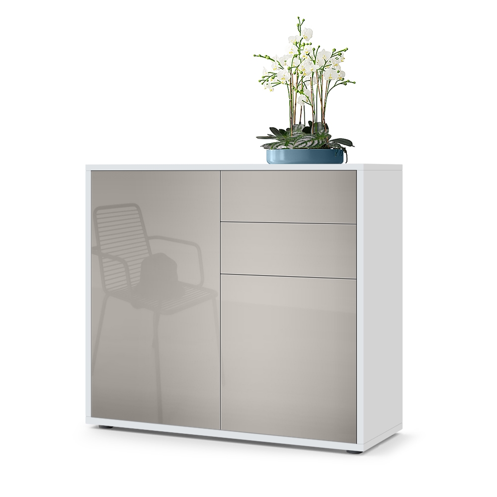 Kommode Ben  mit 2 Türen und 2 Schubladen Weiß matt/Sandgrau Hochglanz (79 x 74 x 36 cm)