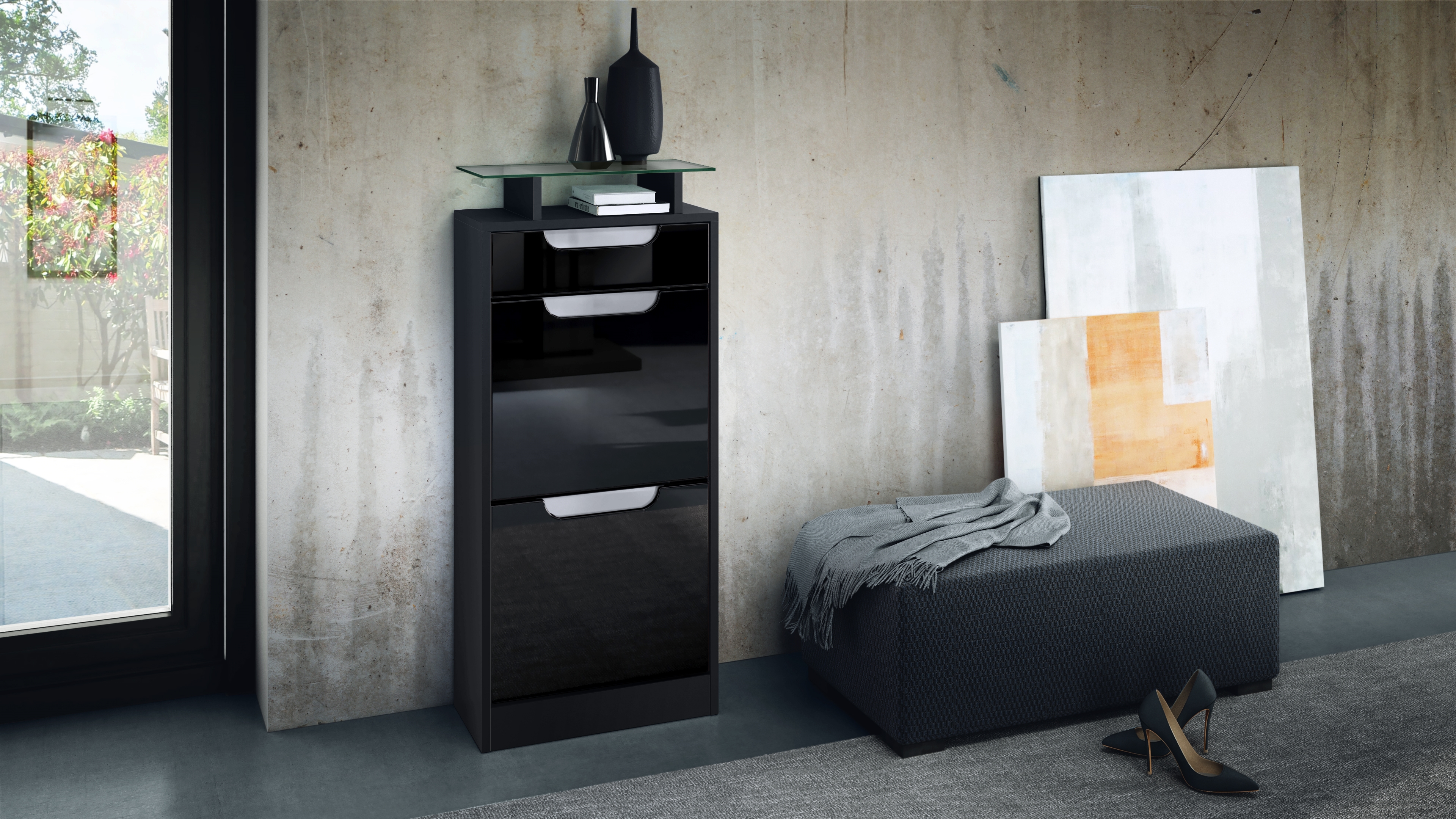 Schuhschrank Fiesta V2 mit 2 Klappen, Schublade und Glasablage Schwarz matt/Schwarz glänzend, Mulden in Weiß glänzend (46x104x23 cm)