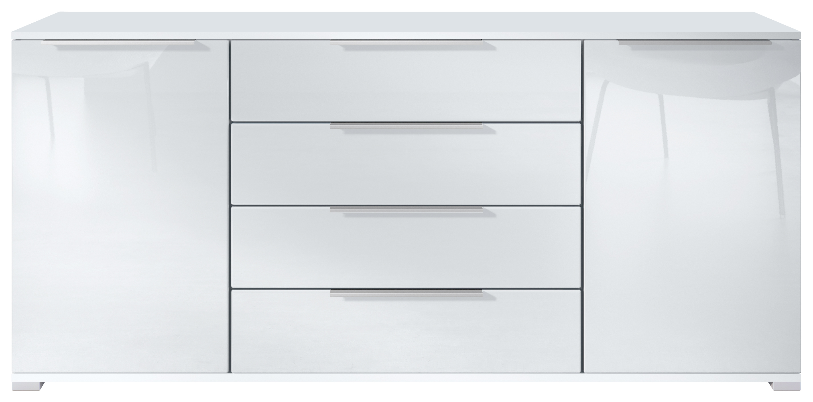 Linio V2 Sideboard mit 2 Türen & 4 Schubladen, Weiß matt/Weiß Hochglanz, 166,5 x 72,5 x 35 cm (BxHxT)