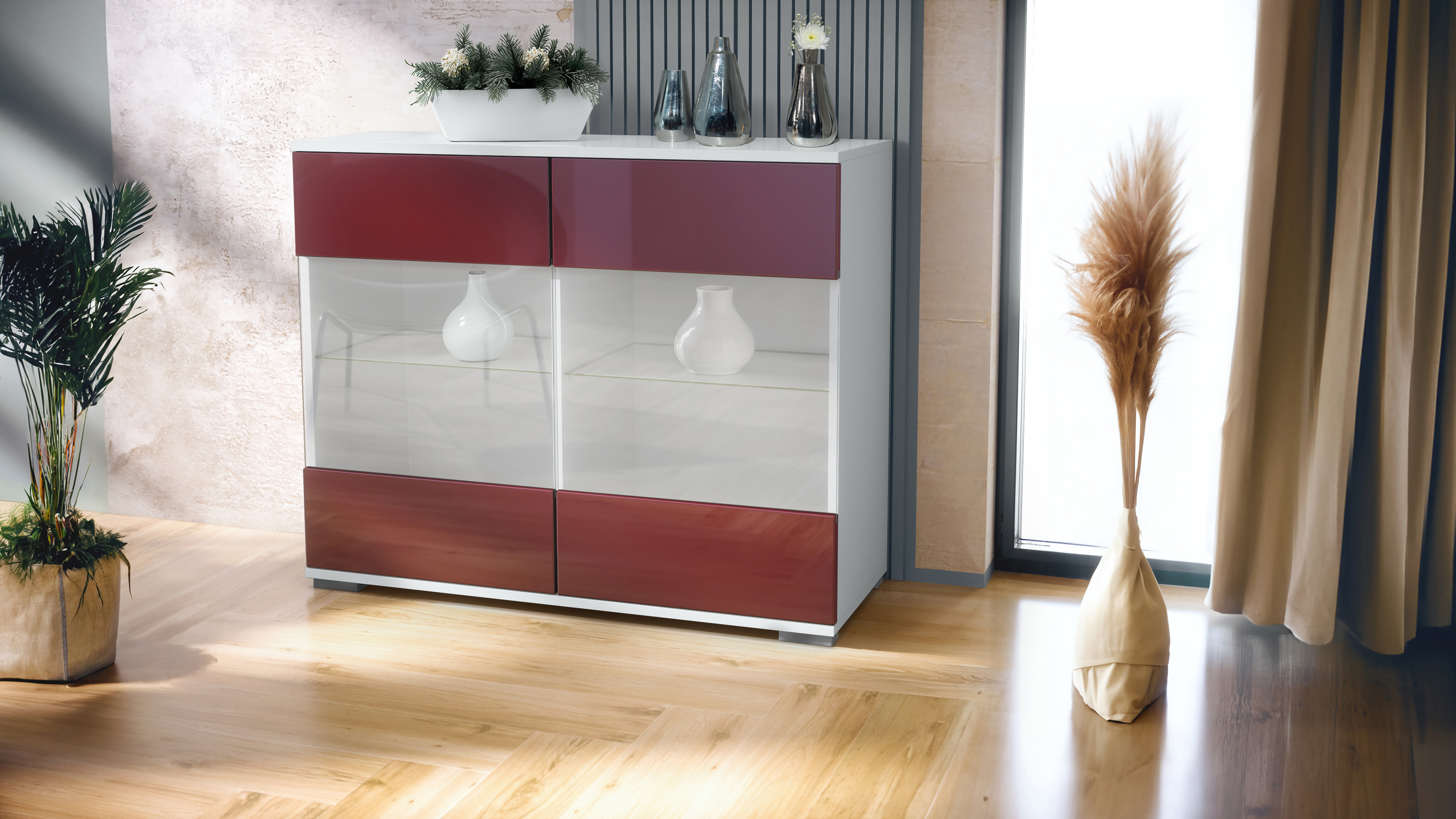Bari V3 Kommode Weiß mit 2 großen Glastüren Weiß matt / Bordeaux Hochglanz (92,5 x 75.5 x 35)
