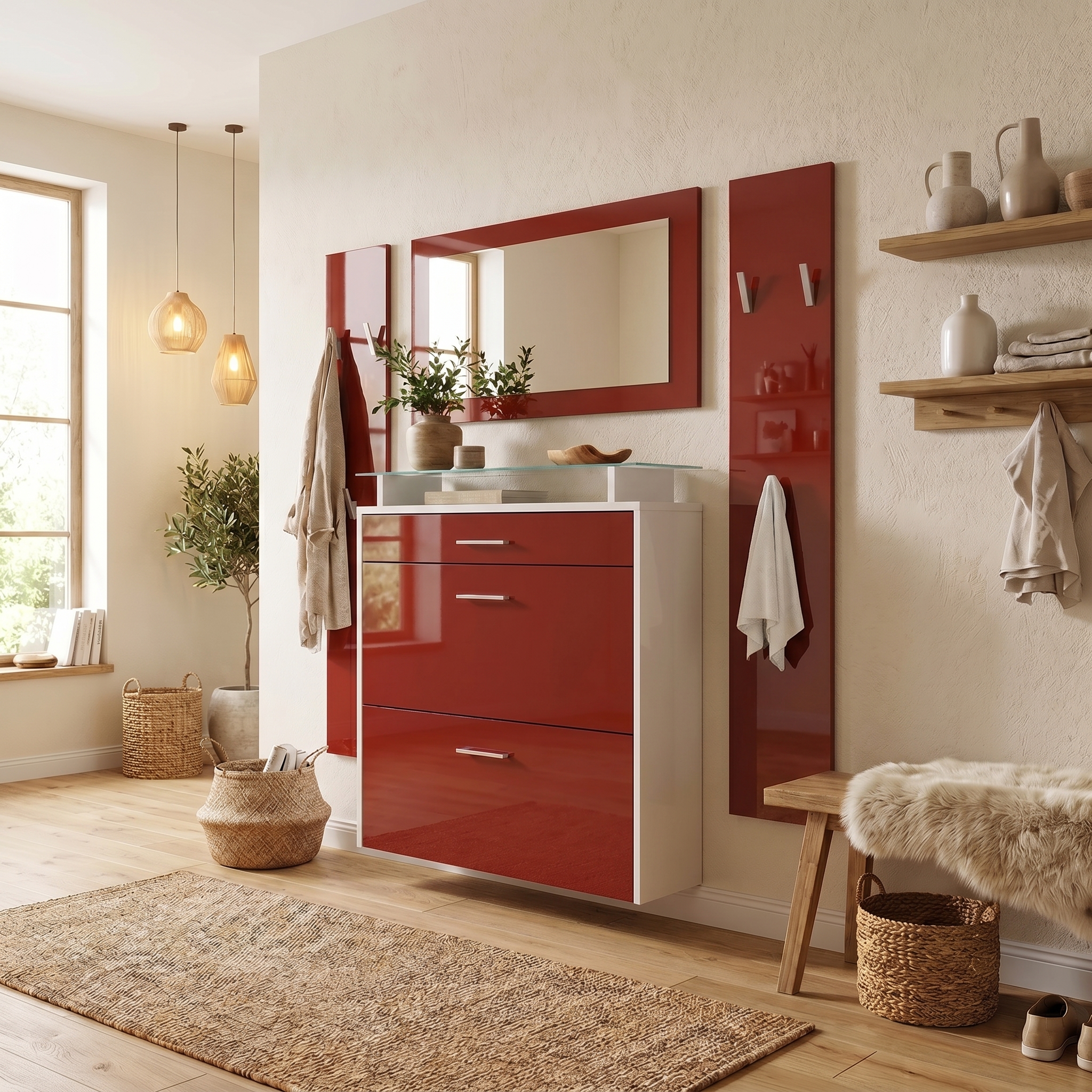 Garderobenset Malea 1 Wandspiegel und 2 Garderobenpaneele Weiß matt/Bordeaux Hochglanz