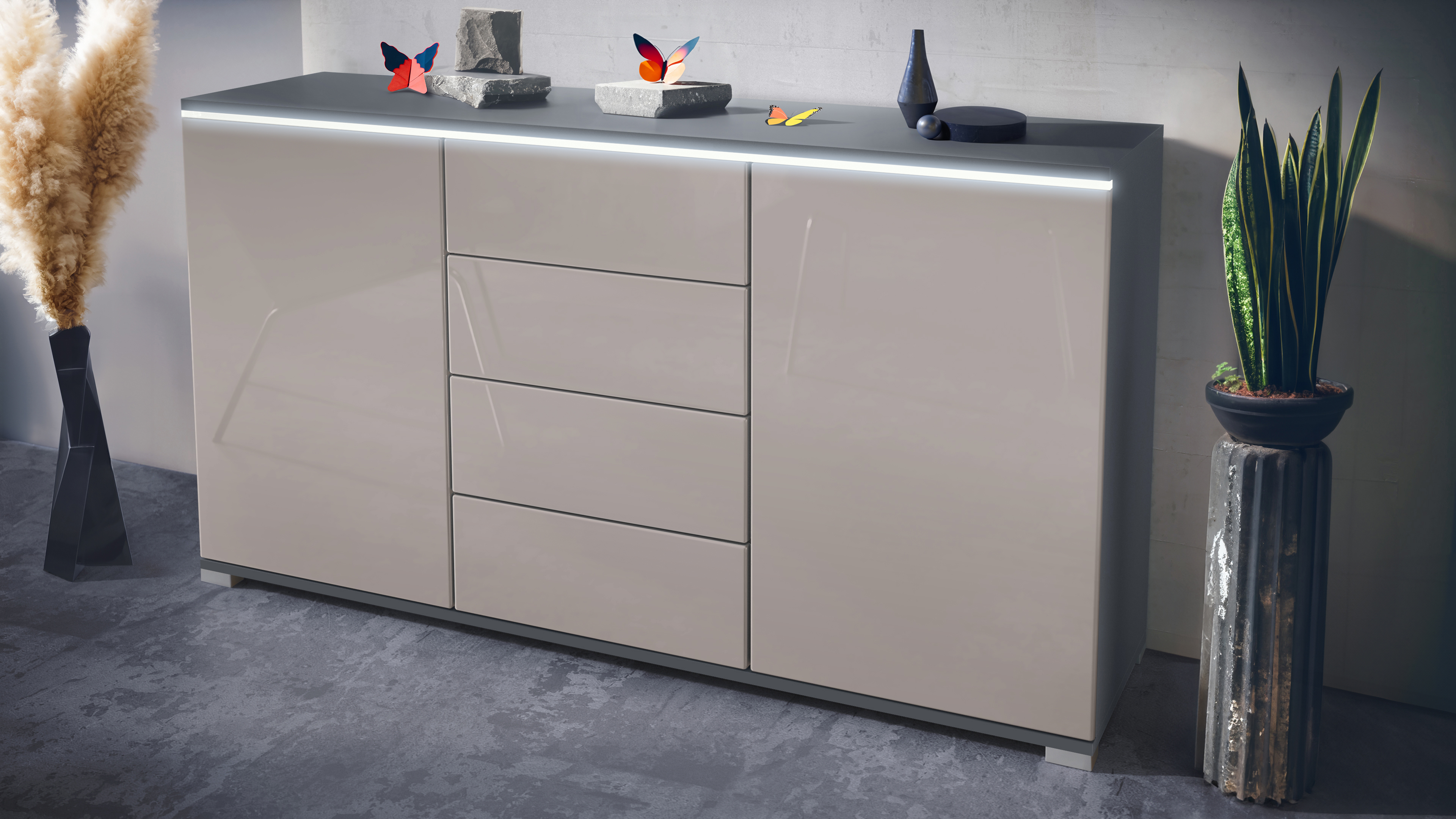 Sideboard Faro V1 Anthrazit Schrank mit LED Lichtleiste Anthrazit matt / Sandgrau Hochglanz (138,5 x 75,5 x 35)
