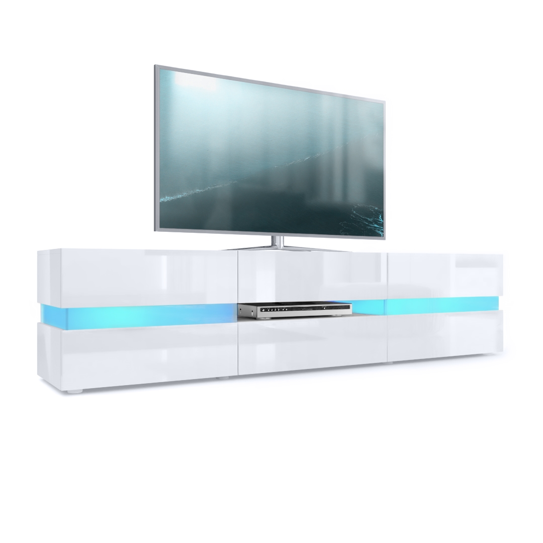 Lowboard Flow mit 2 Türen, 1 Schublade und 1 Klappe Weiß Hochglanz inkl. LED-Beleuchtung (177 x 45 x 39 cm)