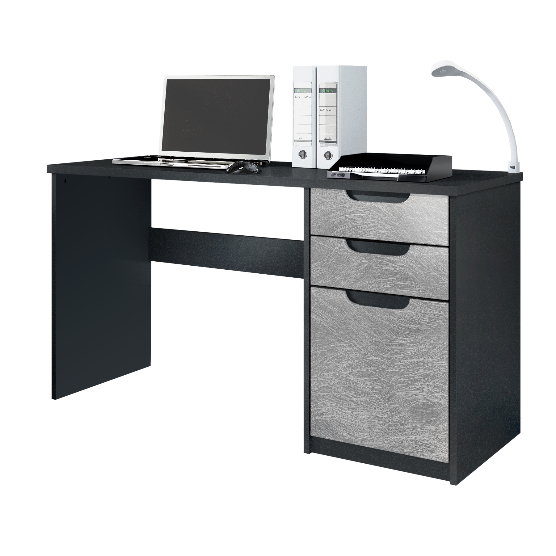 Schreibtisch Logan mit 2 Schubladen und 1 Tür Schwarz matt/Scratchy Metal (129 x 76 x 60 cm)