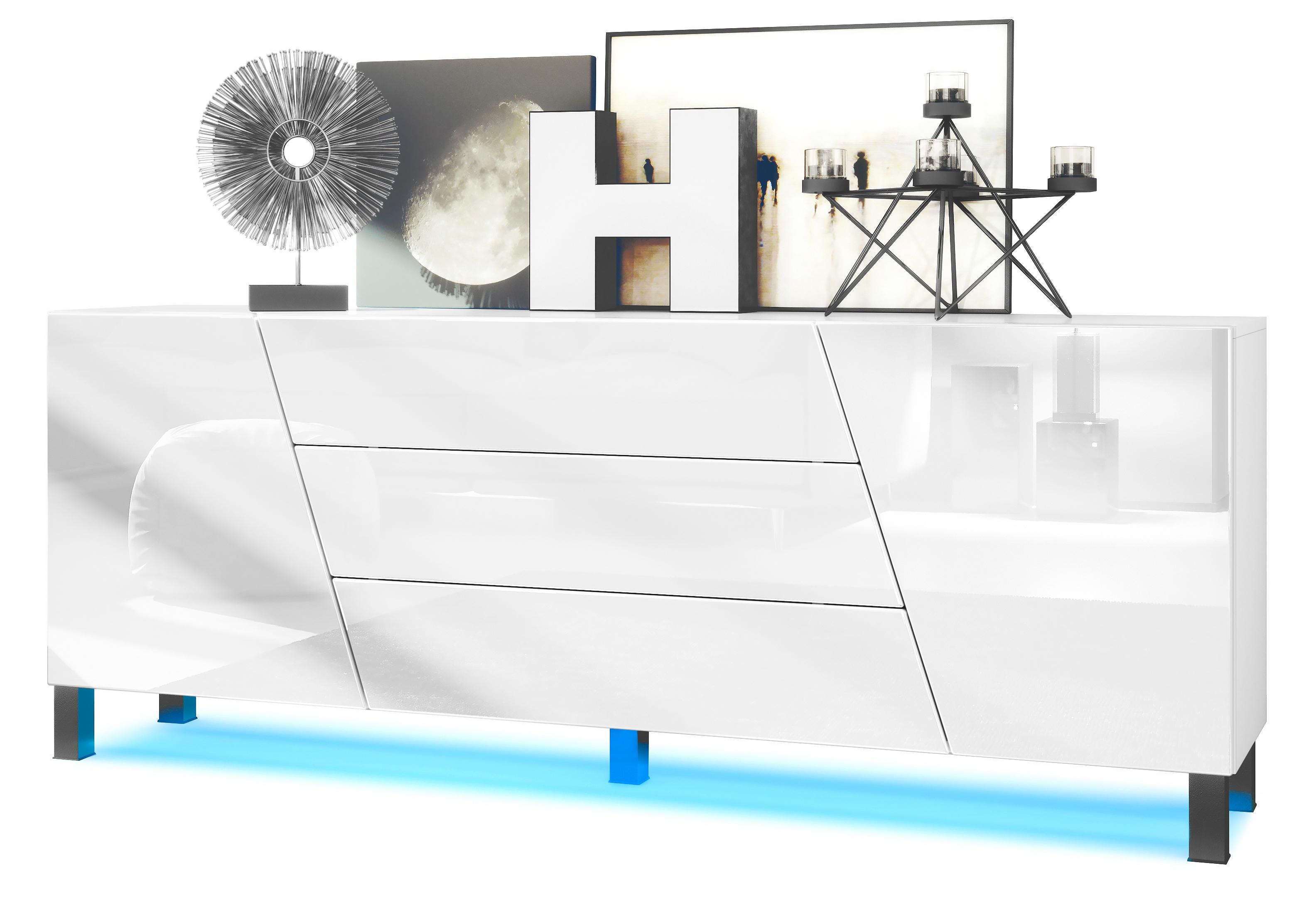 Houston Sideboard mit 2 Türen und 3 Schubladen inkl. LED-Beleuchtung Weiß matt/Weiß Hochglanz (178 x 57,5 x 38,5 cm)