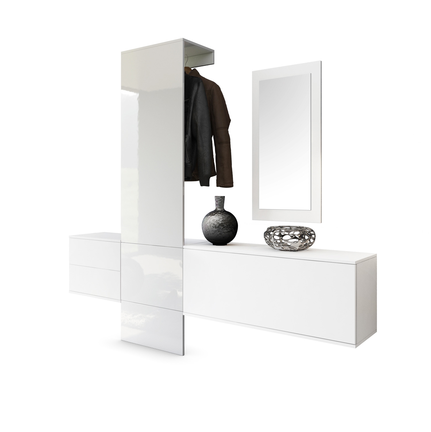 Garderobe Carlton Set 1 Weiß 4-tlg. 1 Paneel, 1 Schubkastenschrank, 1 Schrankmodul und 1 Spiegel Weiß matt/Weiß Hochglanz (208 x 193 x 35 cm)