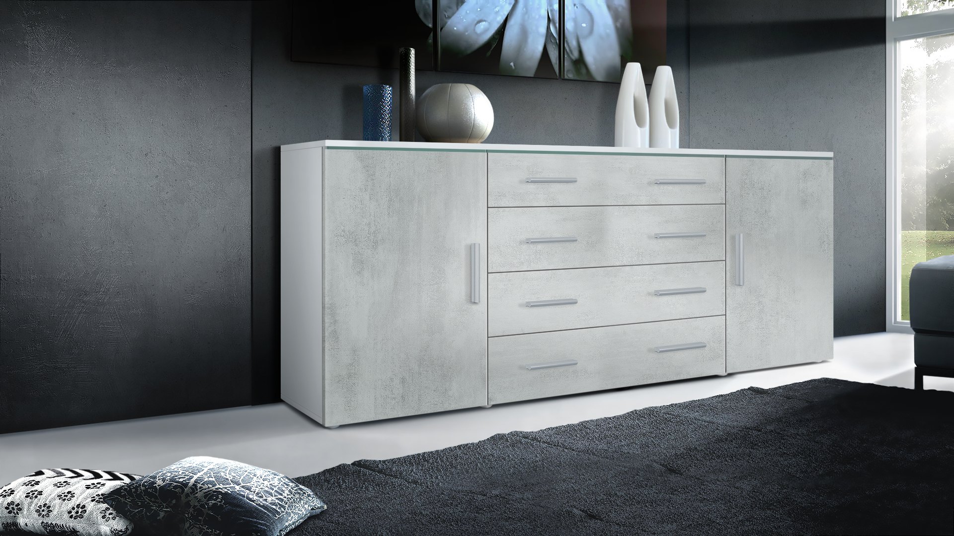 Sideboard Faro V2 mit 2 Türen und 4 Schubladen Weiß matt/Beton Oxid Optik (166 x 72 x 35)