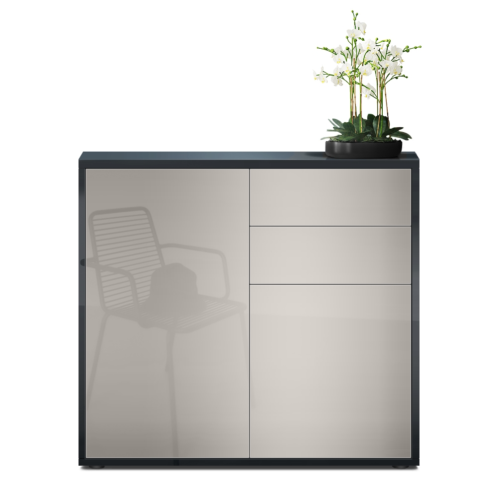 Kommode Ben  mit 2 Türen und 2 Schubladen Schwarz Hochglanz/Sandgrau Hochglanz (79 x 74 x 36 cm)
