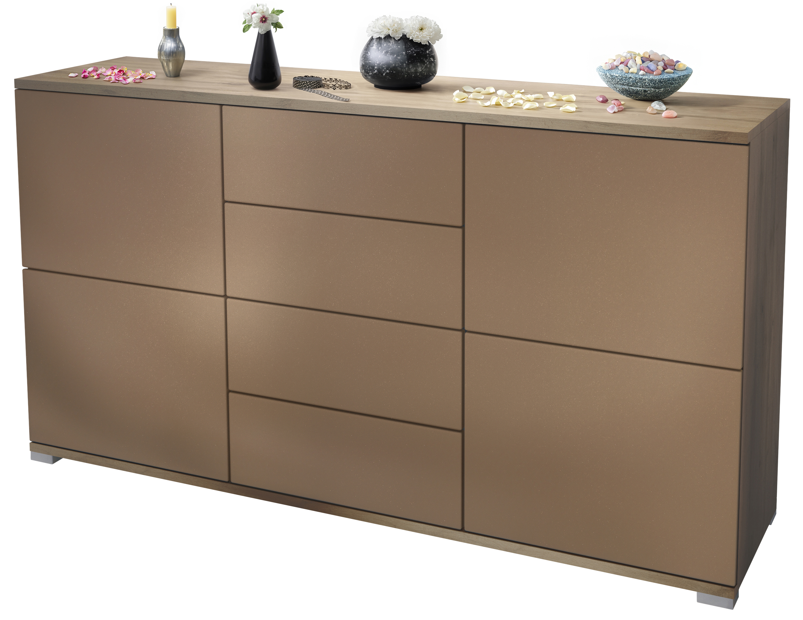 Sideboard Rova V1 4 Schubladen, Made in Germany, Eiche Evoke/Bronze Optik (138,5 x 75,5 x 35)