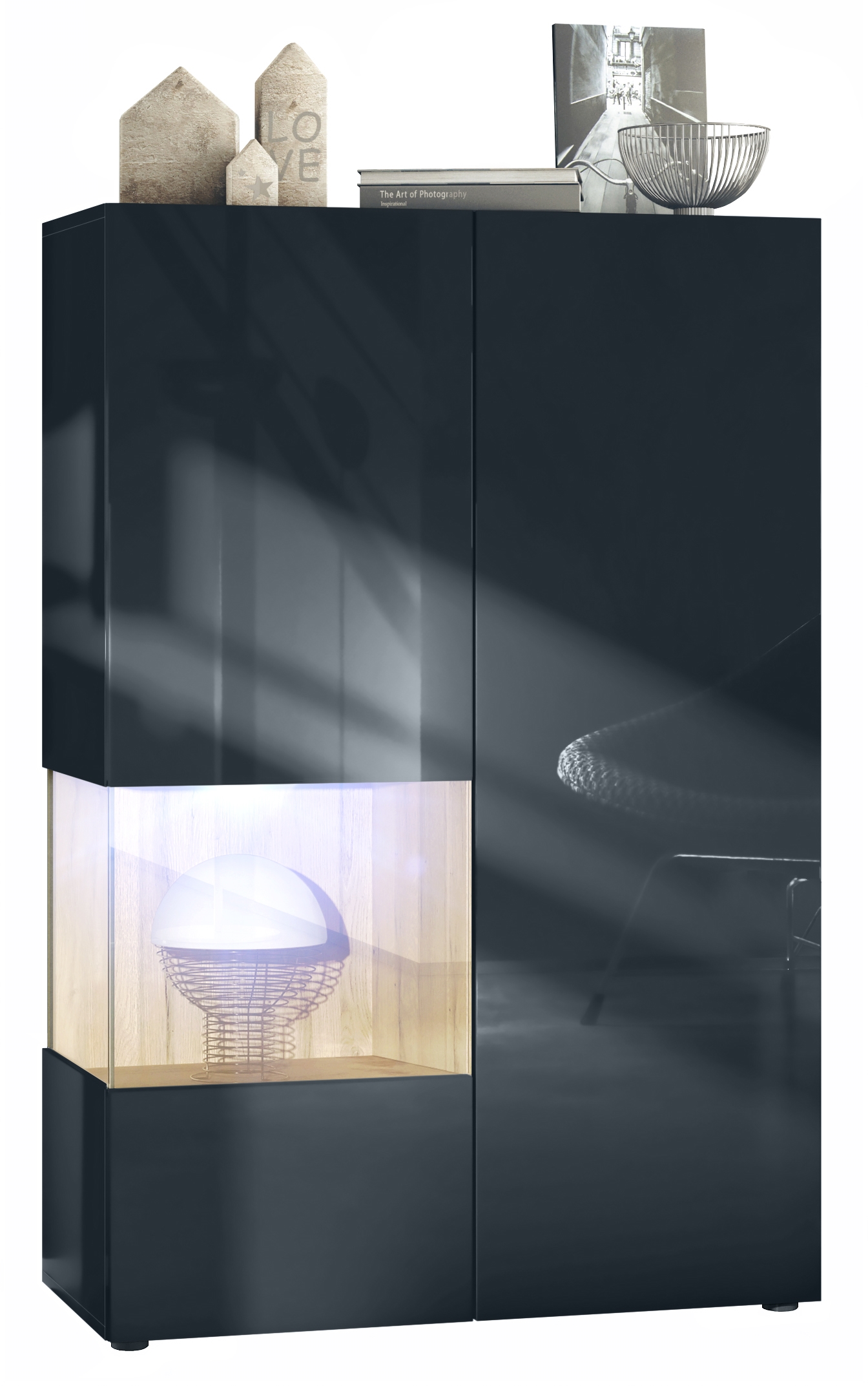 ​Vitrine Morena V2 mit 2 Türen und Glaseinsatz inkl. LED-Beleuchtung Schwarz matt/Schwarz Hochglanz/Eiche Natur(91,5 x 136,5 x 37 cm)