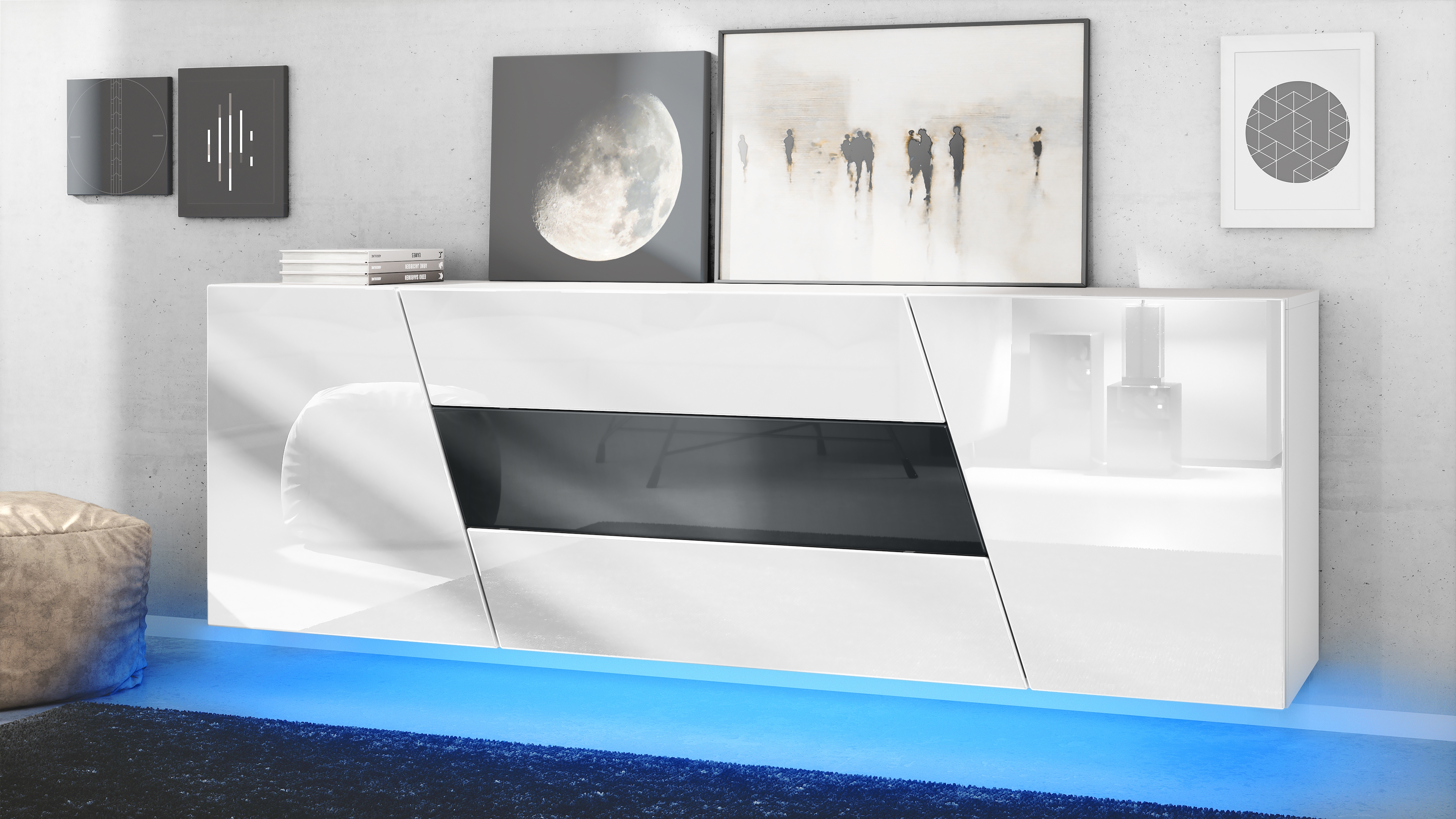 Houston Sideboard hängend mit 2 Türen und 3 Schubladen inkl. LED-Beleuchtung Weiß matt/Weiß Hochglanz/Schwarz Hochglanz (178 x 57,5 x 38,5 cm)