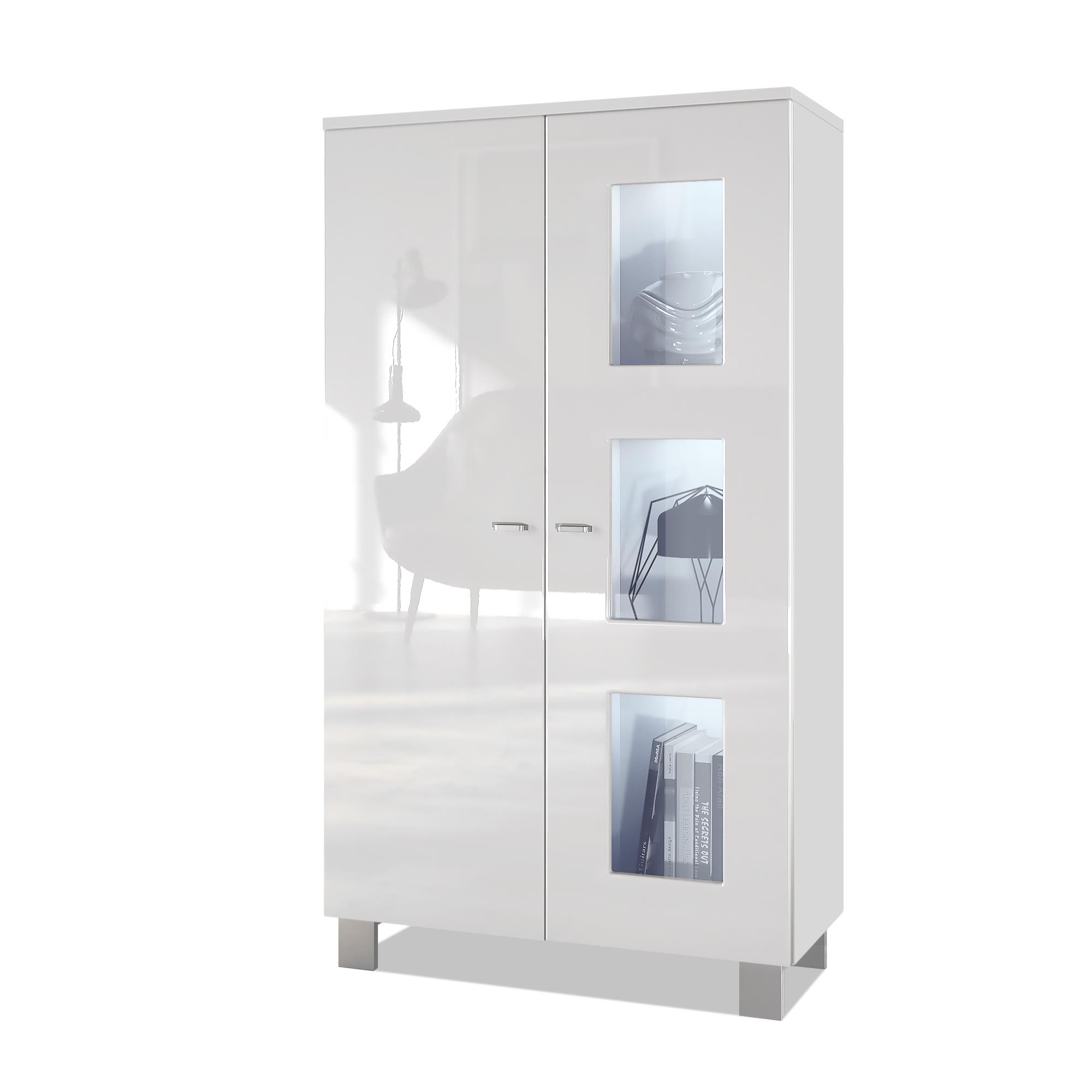 Vitrine Denjo  mit 2 Türen und 3 Glaseinsätzen Weiß matt/ Weiß Hochglanz (71 x 129 x 35 cm)