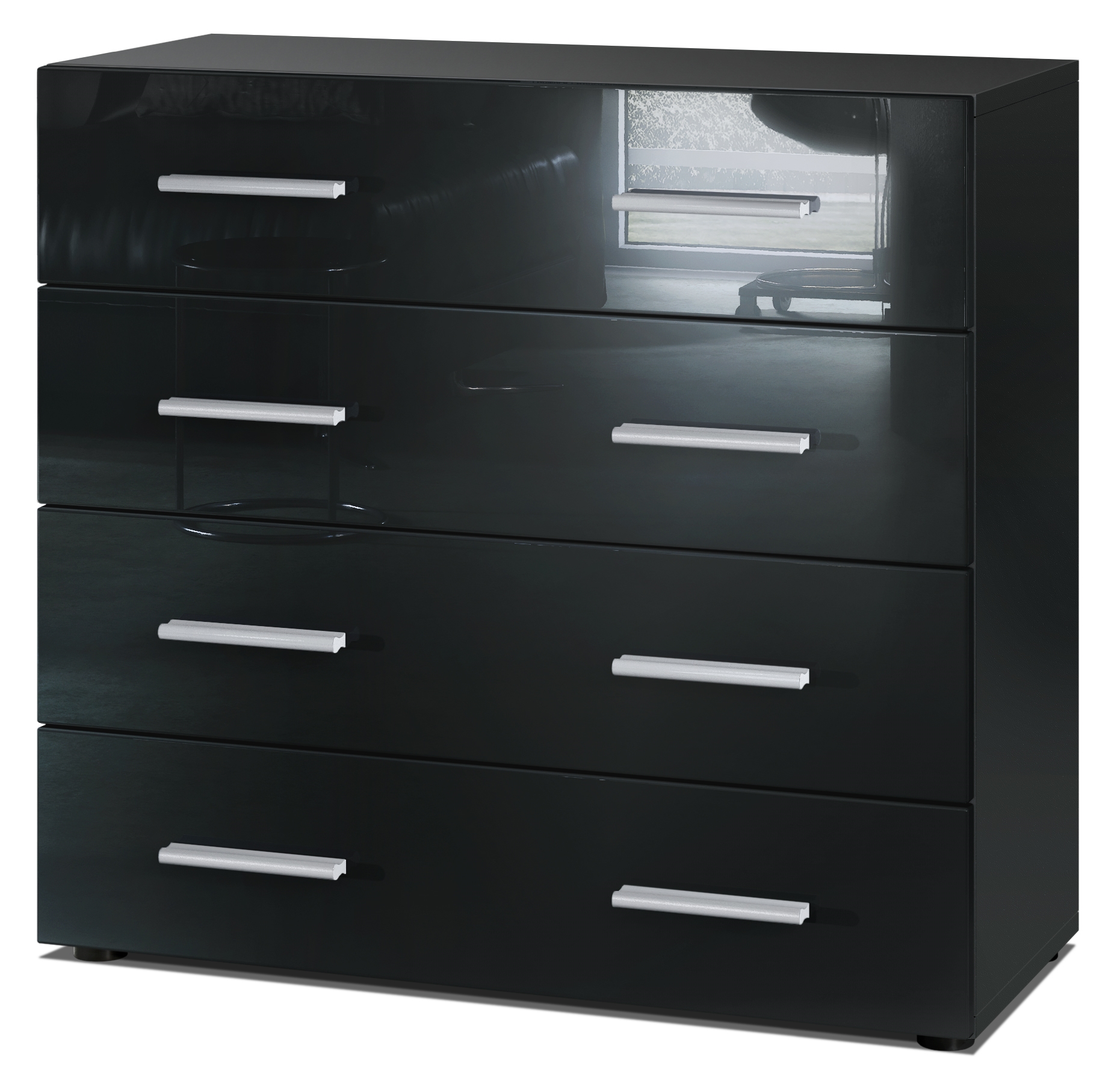 Kommode Pavos V1 ​mit 4 Schubladen Schwarz matt/Schwarz Hochglanz (76 x 72 x 35 cm)