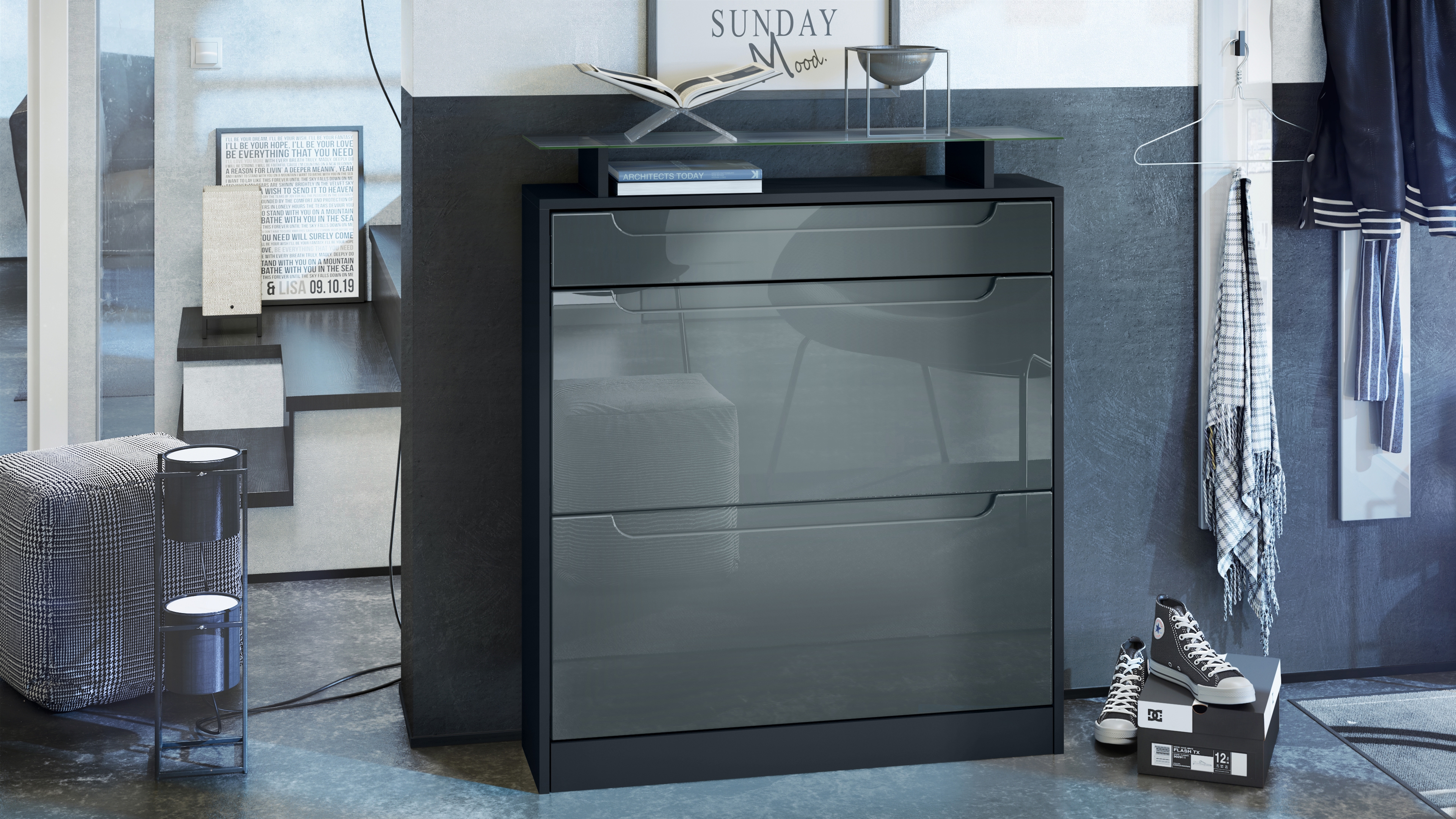 Fiesta Schuhschrank mit 2 Klappen, 1 Schublade und Glasablage Schwarz matt/Grau Hochglanz, Mulden in Grau Hochglanz (89x104x23 cm)