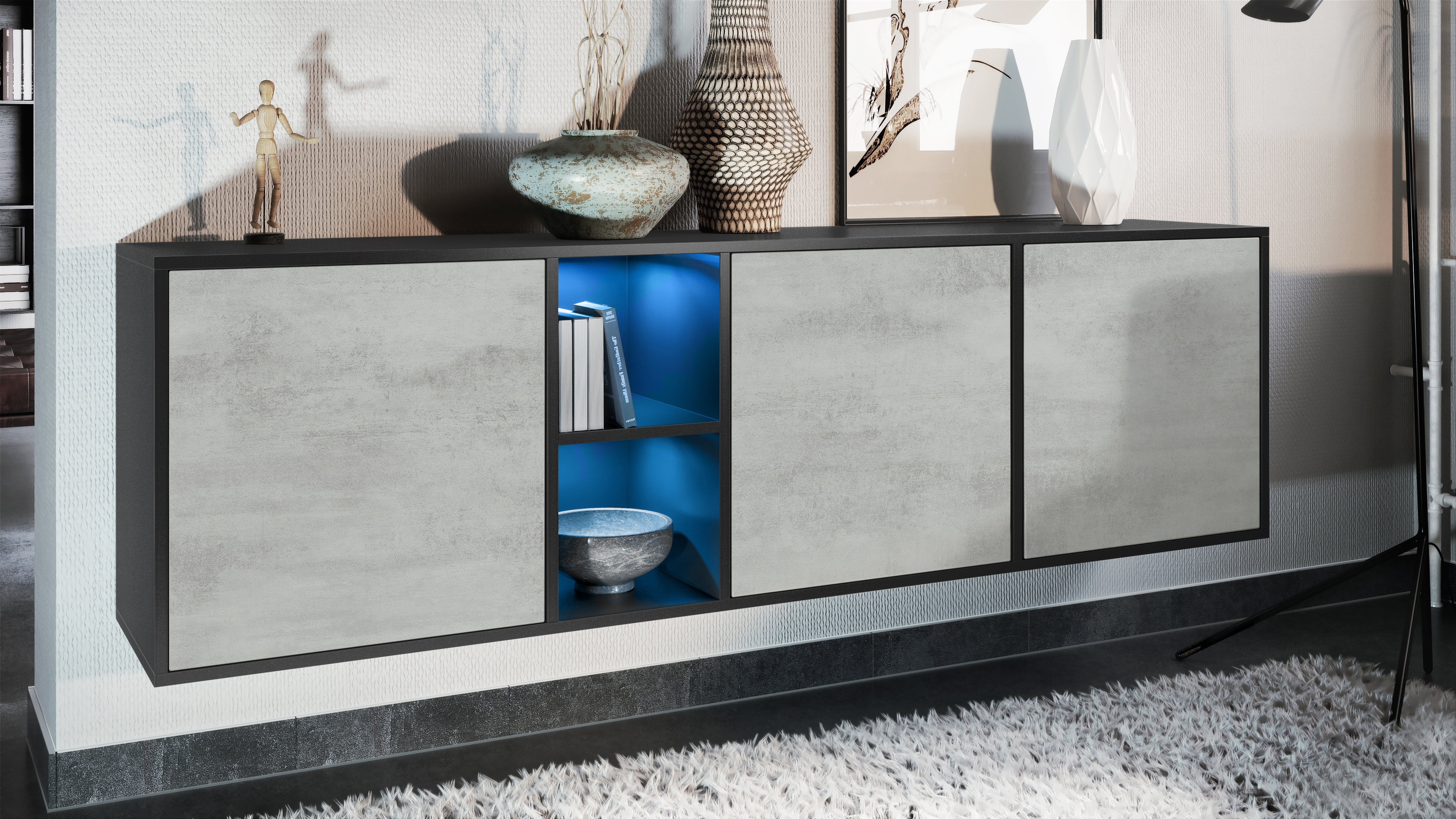 Sideboard Cuba  mit 3 Türen und 2 offene Fächer Schwarz matt/Beton Oxid Optik inkl. LED-Beleuchtung (182 x 53 x 35 cm)