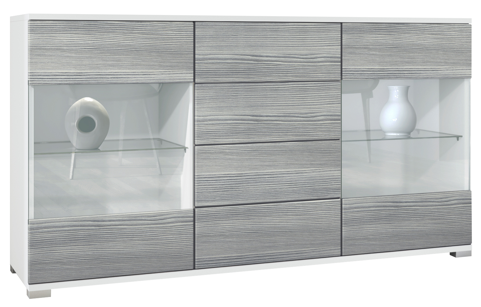 Sideboard Bari V1 Weiß 4 Schubladen und 2 flexible Glaseinlegeböden Weiß matt/Avola-Anthrazit (138,5 x 75,5 x 35)