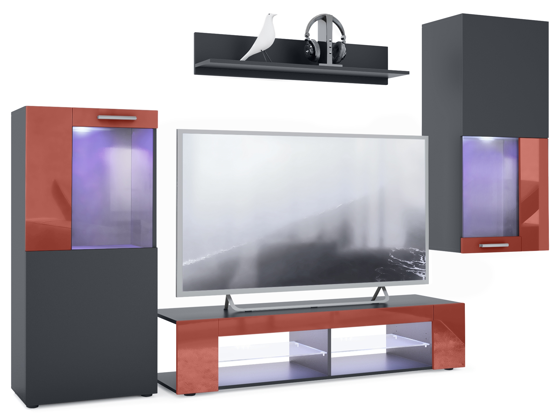 Wohnwand Movie 4-tlg. Schwarz mit LED  bestehend aus 1 TV-Board, 2 Vitrinen und 1 Regal Schwarz matt/Bordeaux glänzend mit Beleuchtung (300x190x39 cm)