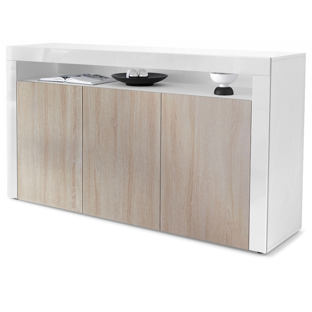 Sideboard Valencia mit 3 Türen und 1 offenem Fach Weiß / Eiche sägerau/ (155 x 92 x 40 cm)