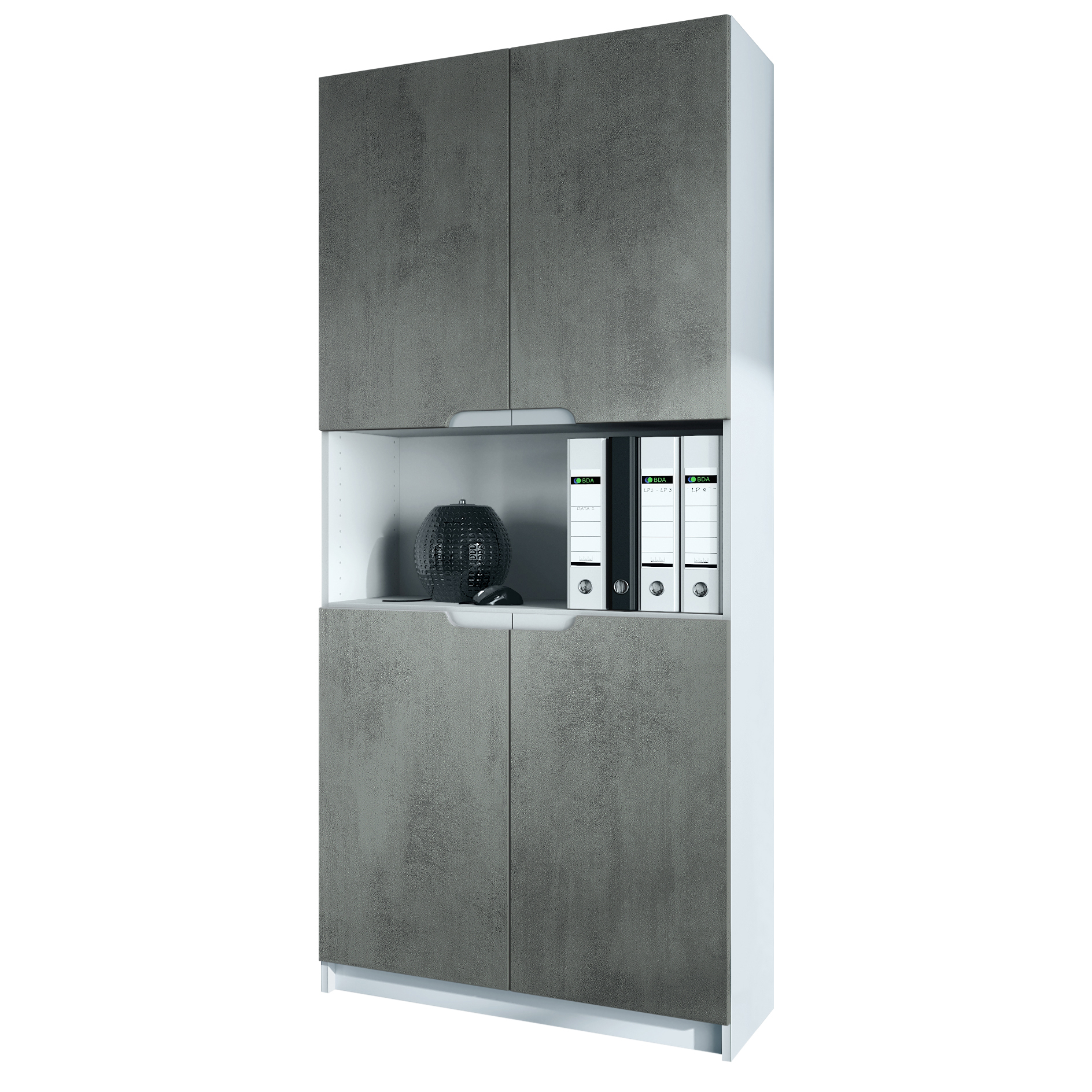 Büroschrank Logan V2 mit 5 Fächern und 4 Türen Weiß matt/Beton dunkel Optik (82 x 185 x 37 cm)