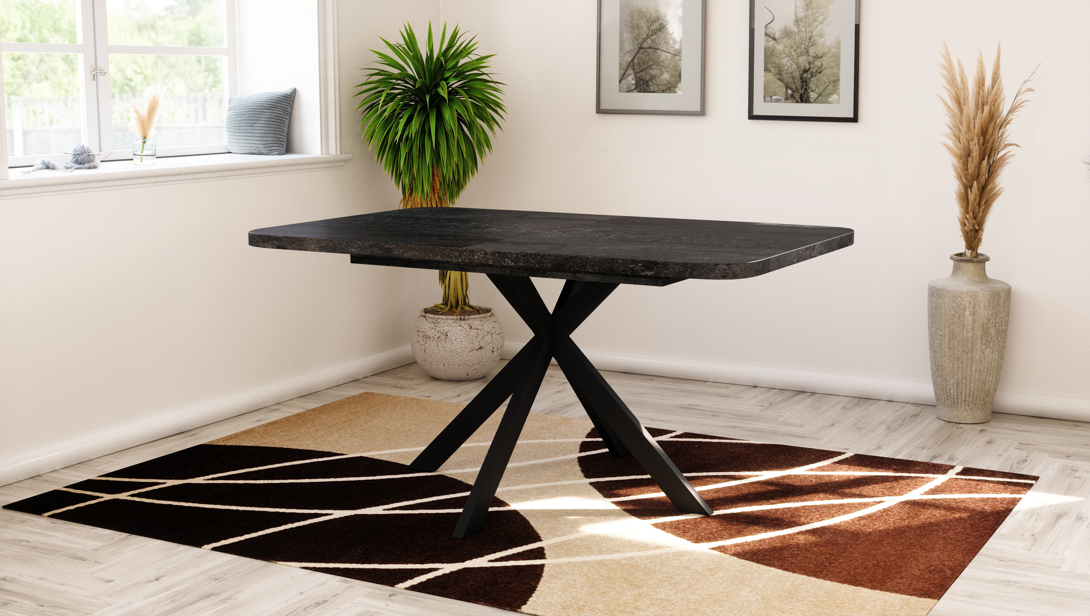 Esstisch Craft 140-180 cm, Holzkohle Optik mit Schwarzen Metall Füßen