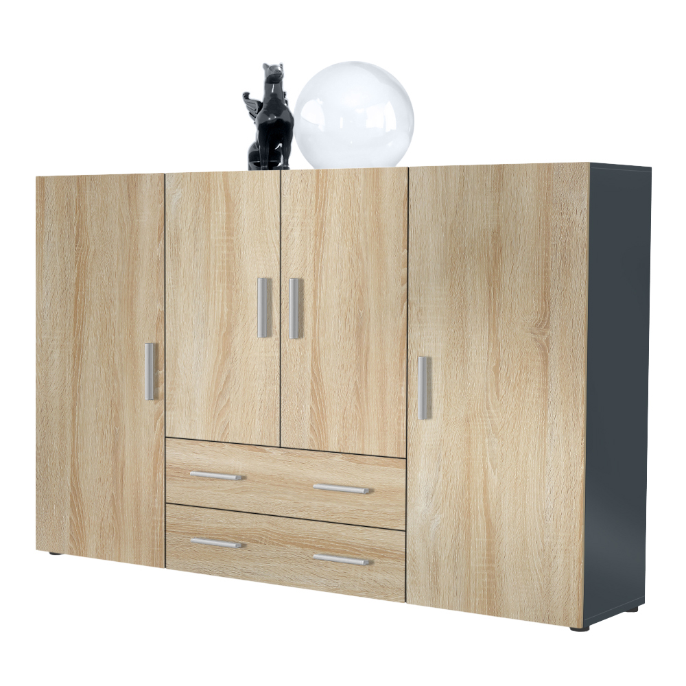 Highboard Nora  mit insgesamt 8 Fächer dahinter Anthrazit matt/Eiche sägerau (166,5 x 106,5 x 35 cm)