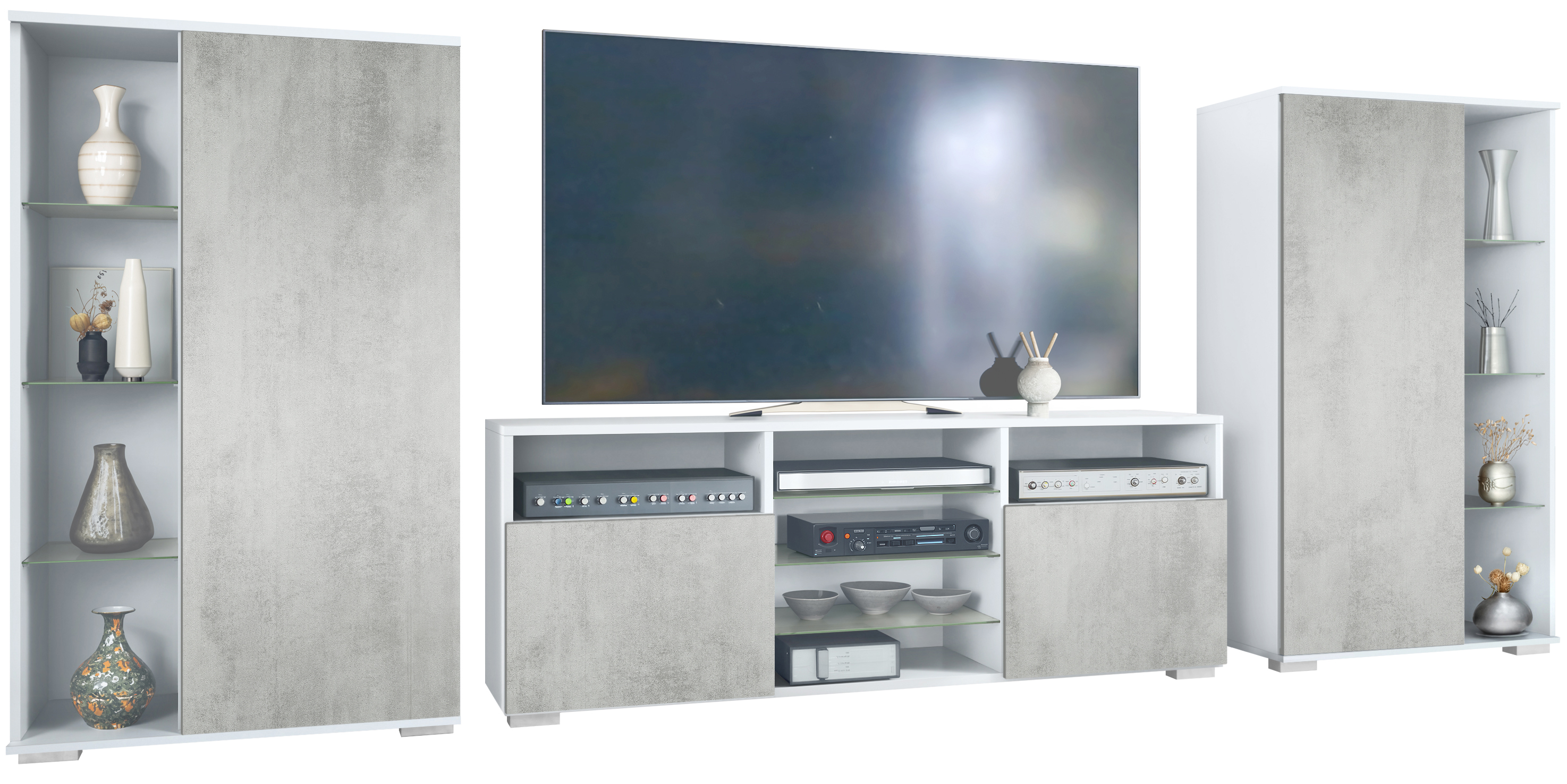 Wohnwand Davos 3-tlg. bestehend aus 2 Vitrinen und 1 TV-Board Weiß matt/Beton Oxid Optik (329 x 134 x 35 cm)