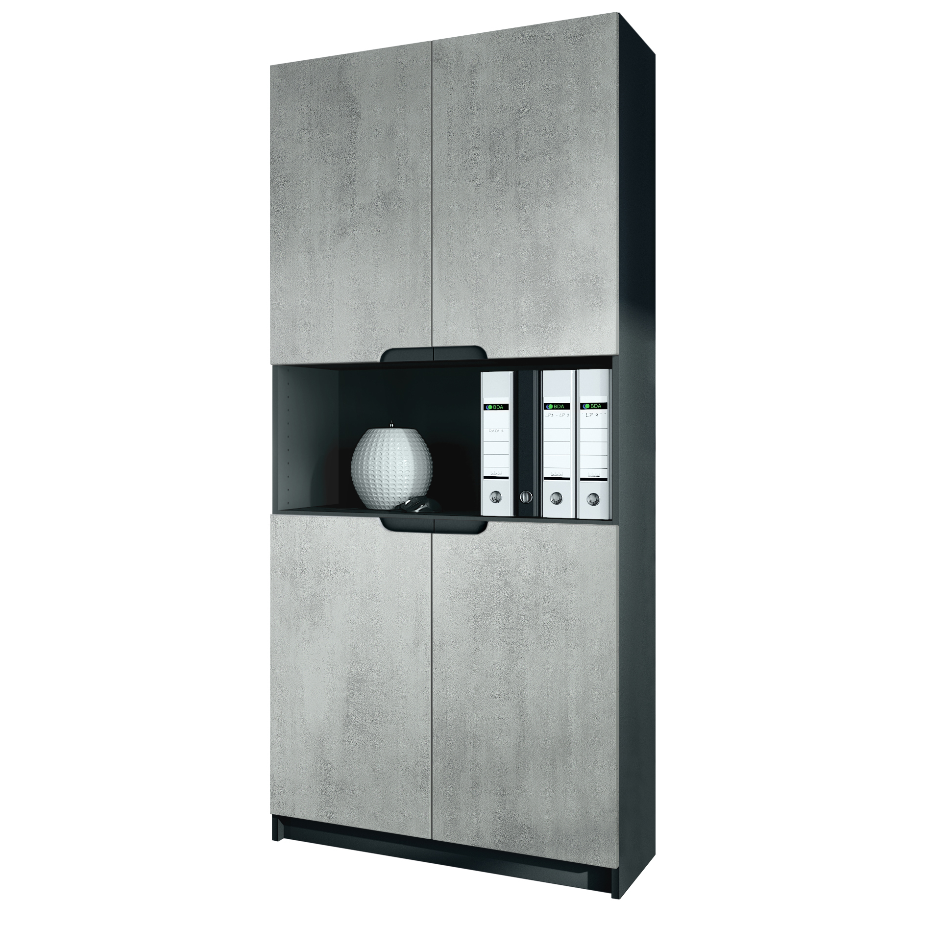 Büroschrank Logan V2  mit 5 Fächern und 4 Türen Schwarz matt/Beton Oxid-Optik (82 x 184 x 37 cm)