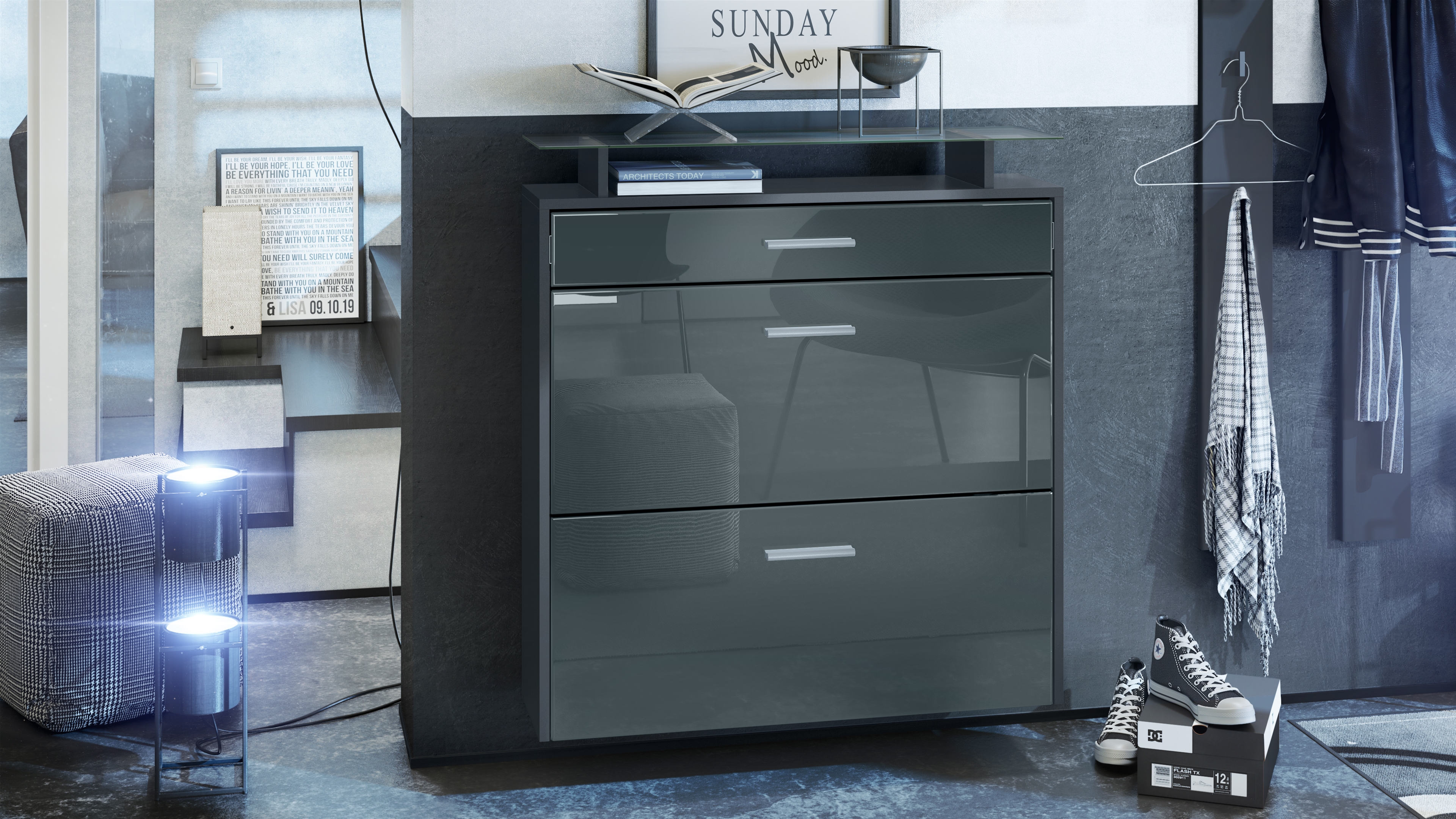 Schuhschrank Malea mit 2 Klappen und 1 Schublade und Glasablage  Anthrazit matt/Grau Hochglanz (89 x 96 x 23 cm)