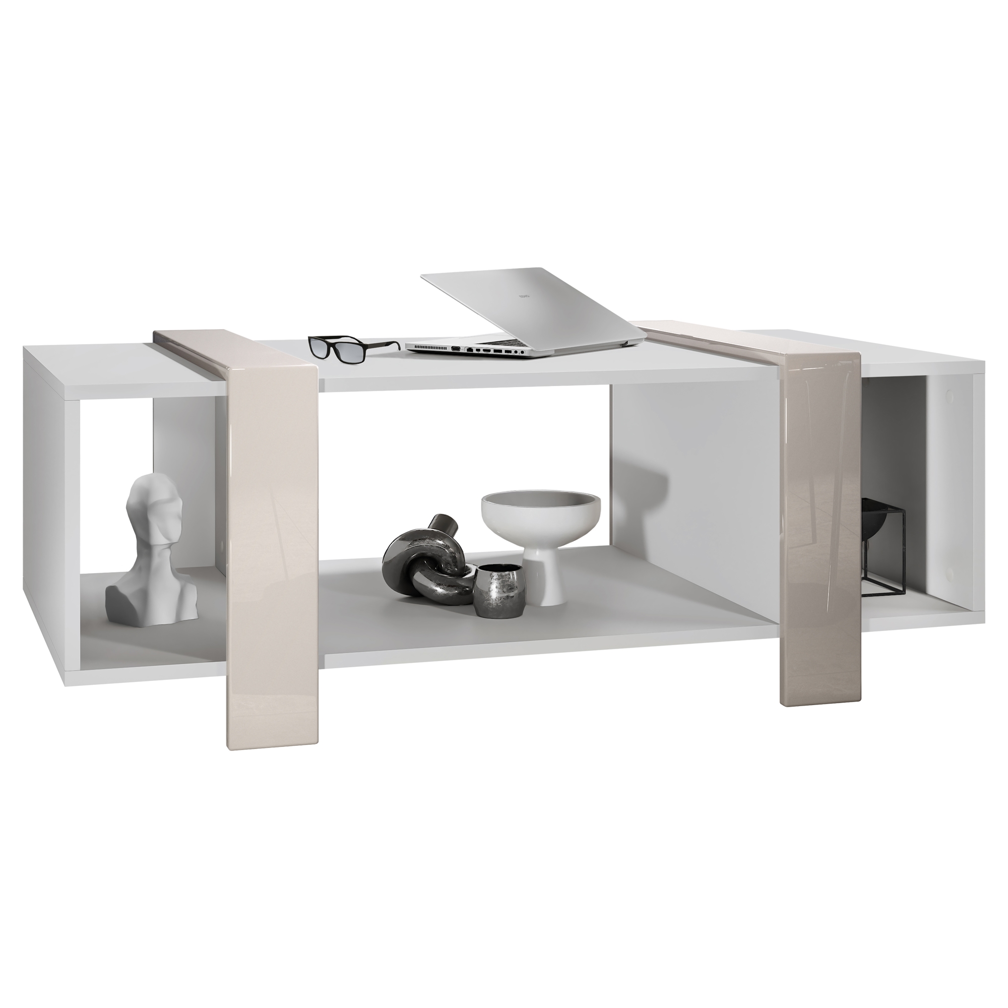 Couchtisch Ida  mit drei Fächern Weiß matt/Sandgrau Hochglanz (110,5 x 42 x 56,5 cm)