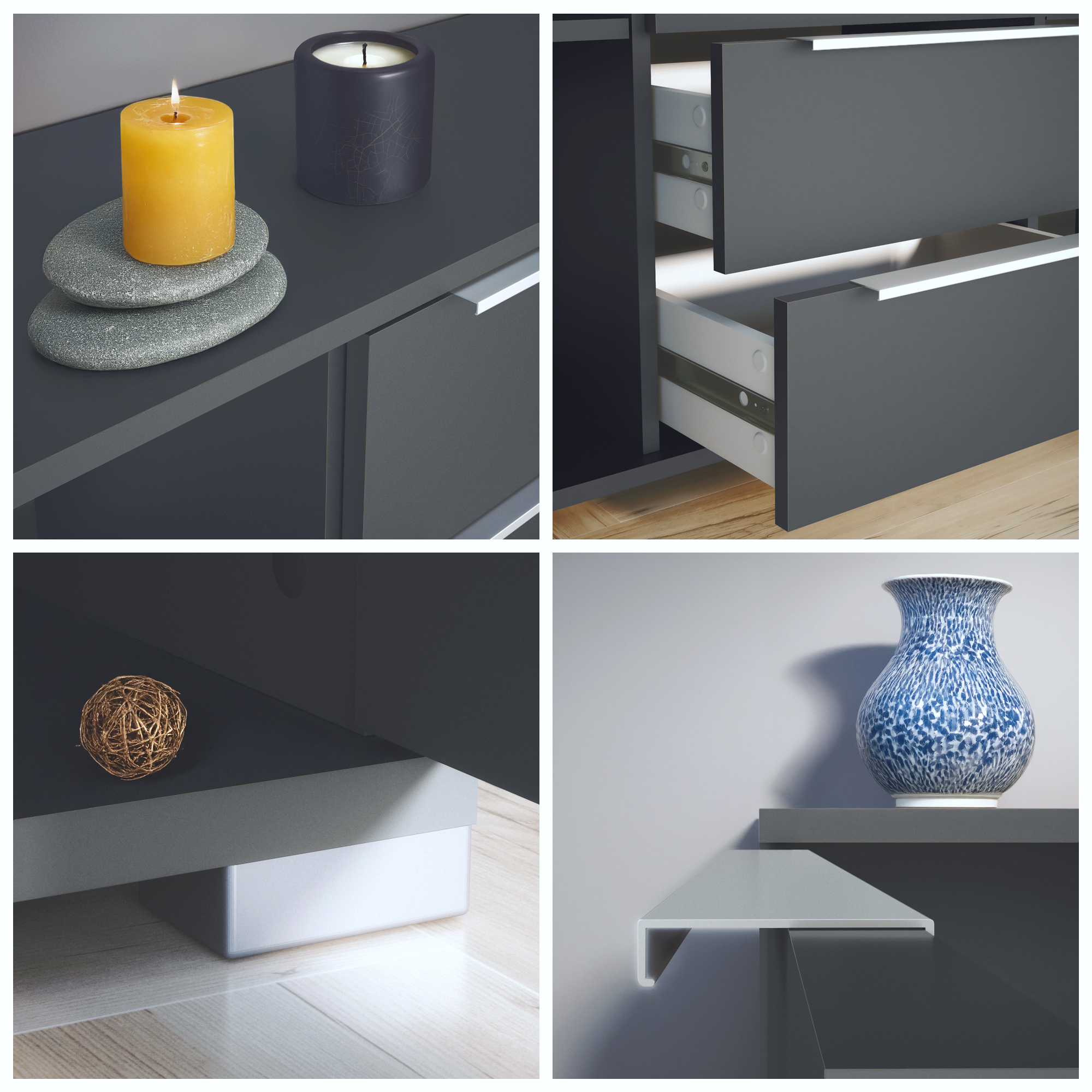 Linio V1 Sideboard Anthrazit mit 2 Türen und 4 Schubladen Anthrazit matt/Graphit Seidenmatt (138,5 x 75,5 x 35 cm)