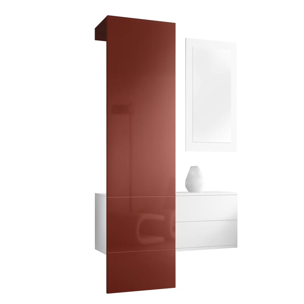 Garderobe Carlton Set 2 Weiß 3-tlg. ​ 1 Paneel, 1 Schubkastenschrank und 1 Wandspiegel Weiß matt/Bordeaux Hochglanz (105 x 193 x 35 cm)